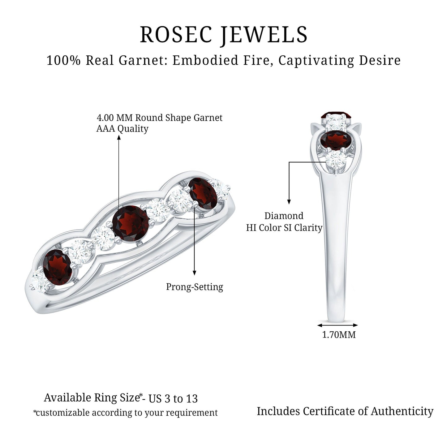 Natural Garnet Half Eternity Ring with Diamond