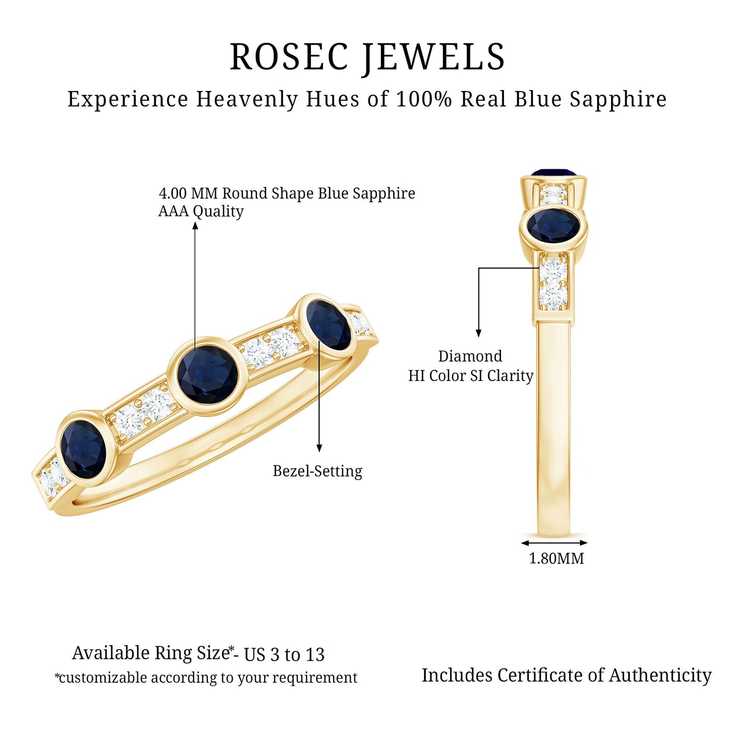 Natural Blue Sapphire Half Eternity Ring with Diamond for Women