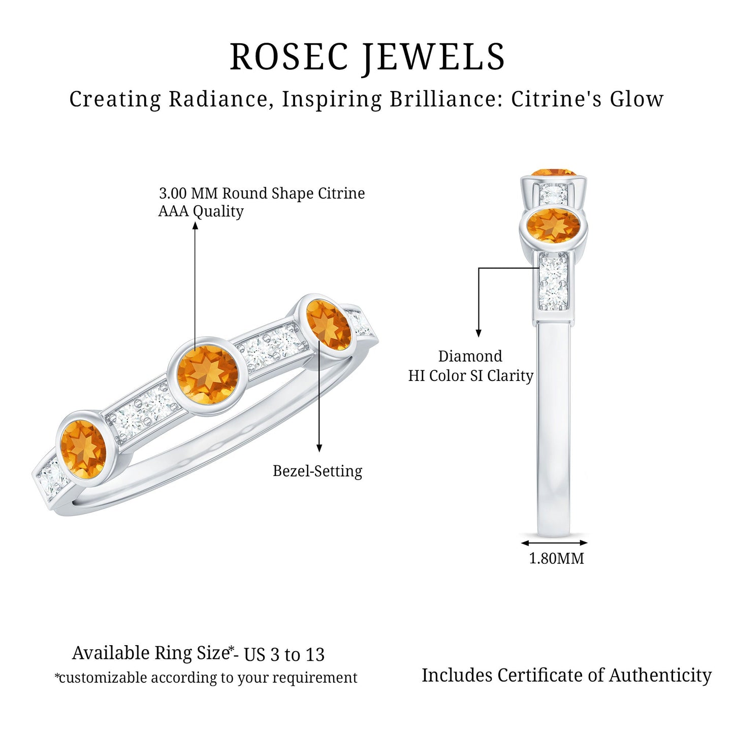 Real Citrine Diamond Half Eternity Wedding Band in Bezel Setting