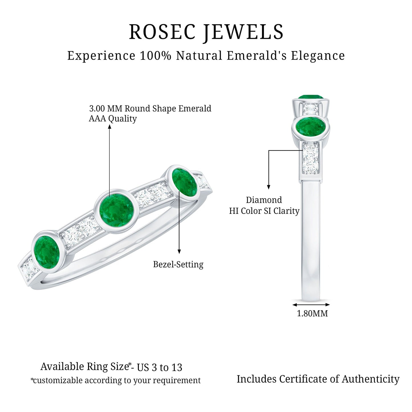 Certified Real Emerald Half Eternity Ring with Diamond