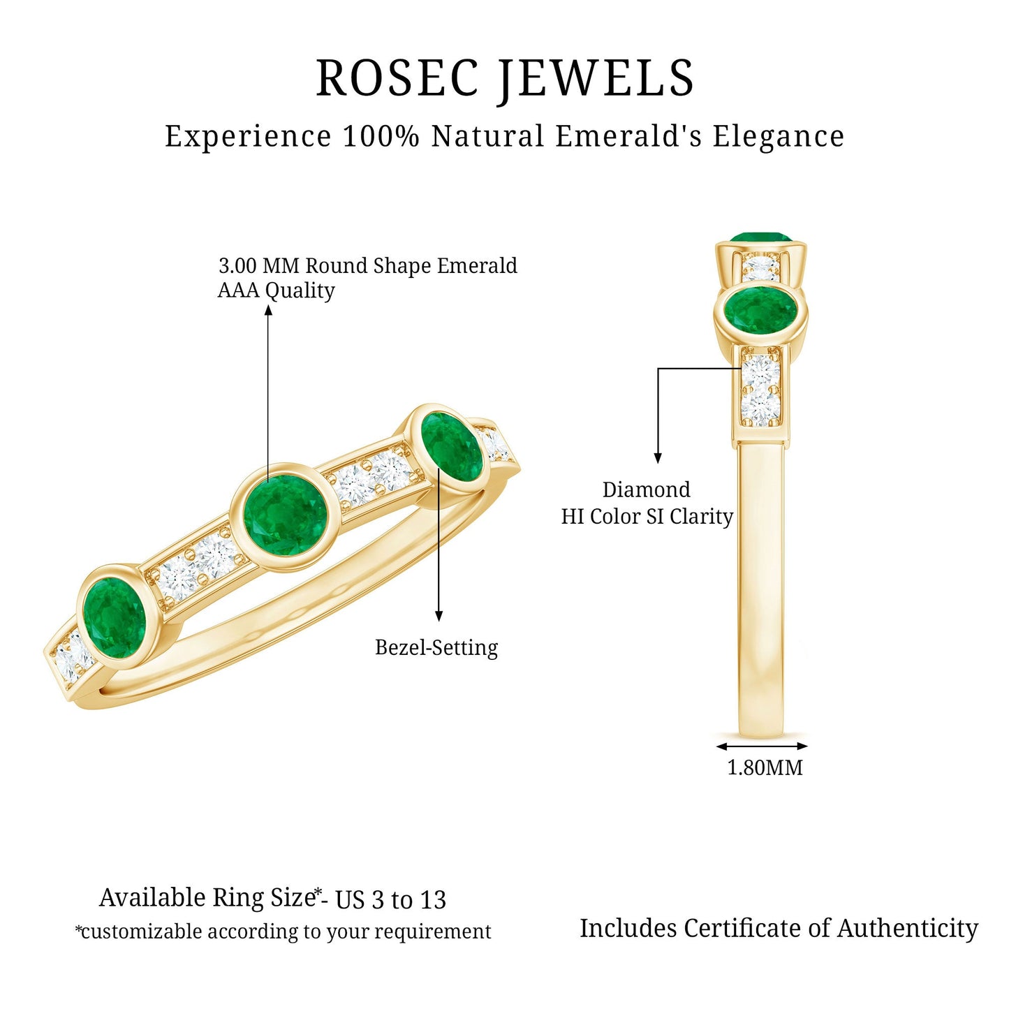 Certified Real Emerald Half Eternity Ring with Diamond