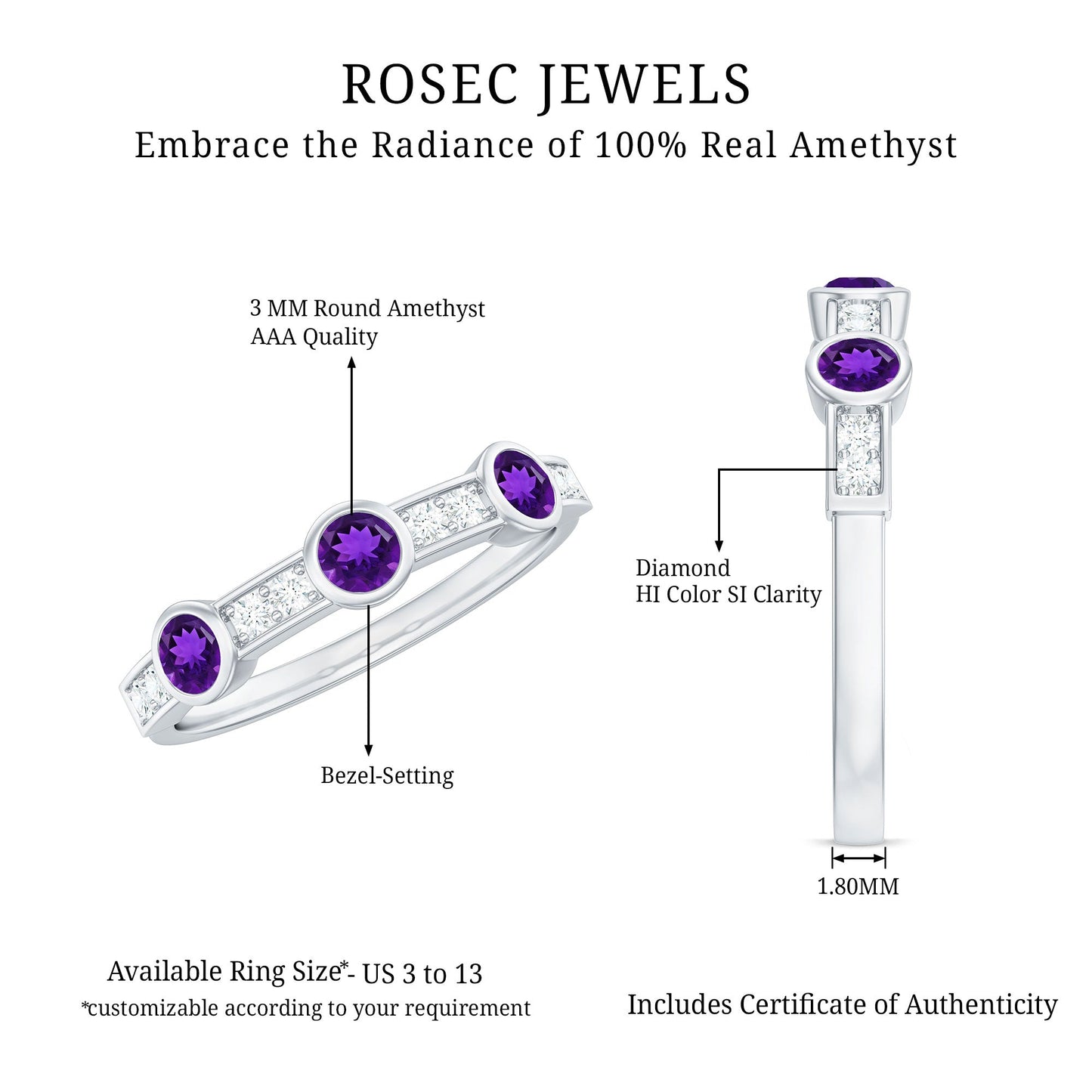 Genuine Amethyst Diamond Half Eternity Ring in Bezel Set