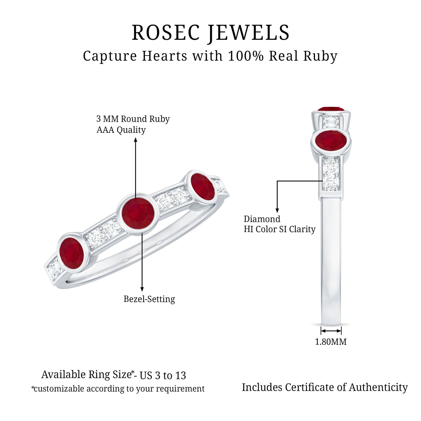 Natural Bezel Set Ruby Half Eternity Ring with Diamond