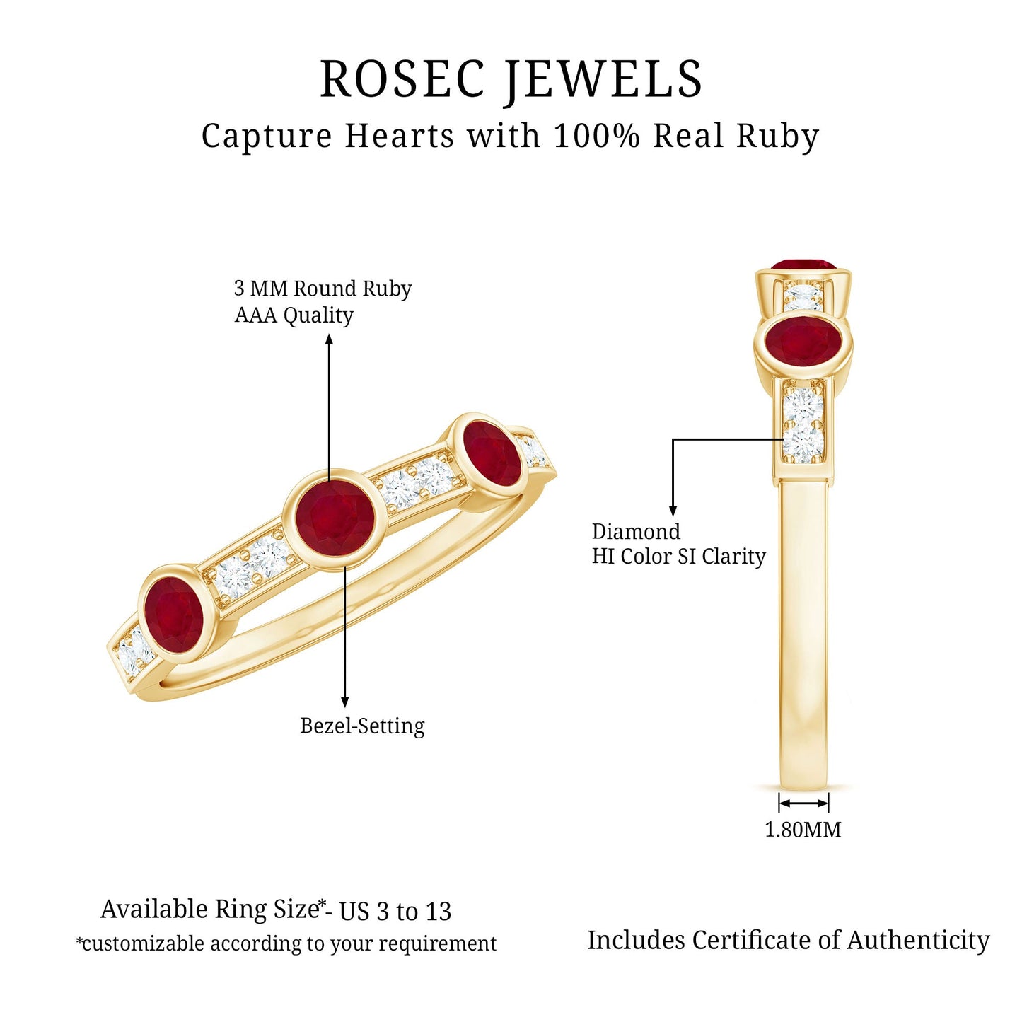 Natural Bezel Set Ruby Half Eternity Ring with Diamond