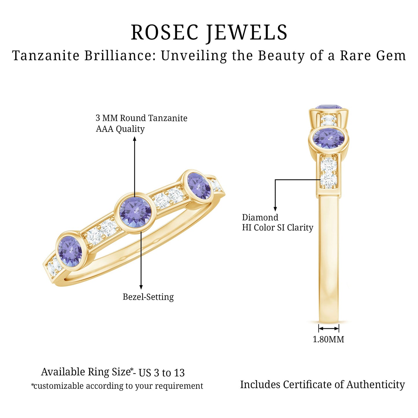 Certified Real Tanzanite Diamond Half Eternity Ring