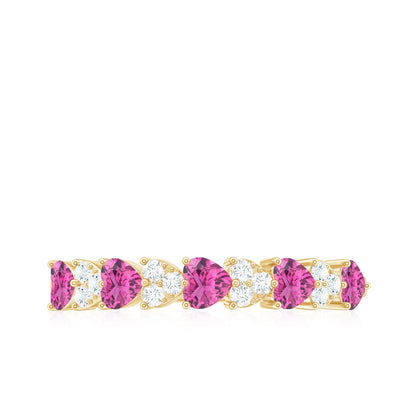 Heart Shape Half Eternity Ring with Pink Tourmaline and Diamond