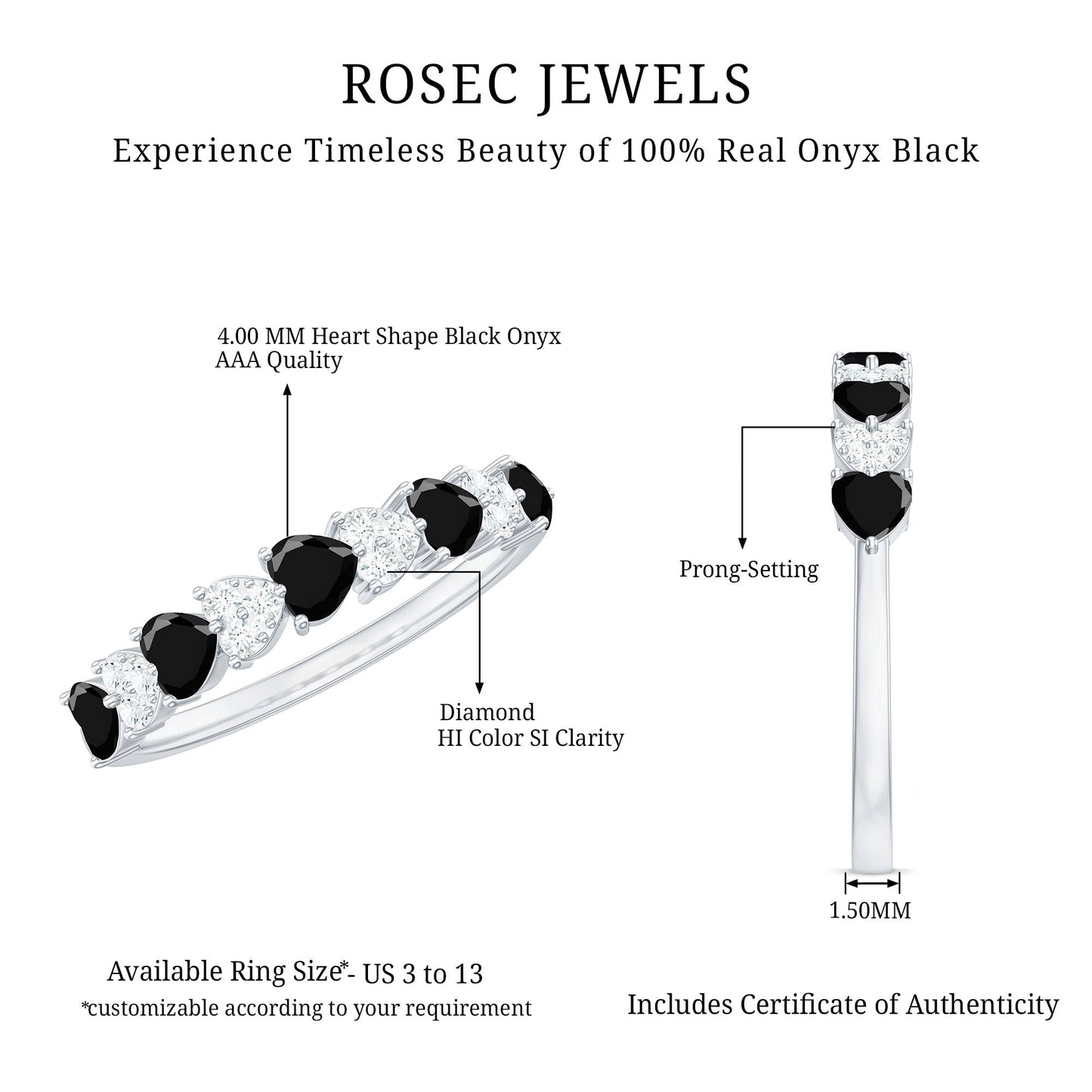Heart Shaped Black Onyx and Diamond Half Eternity Ring