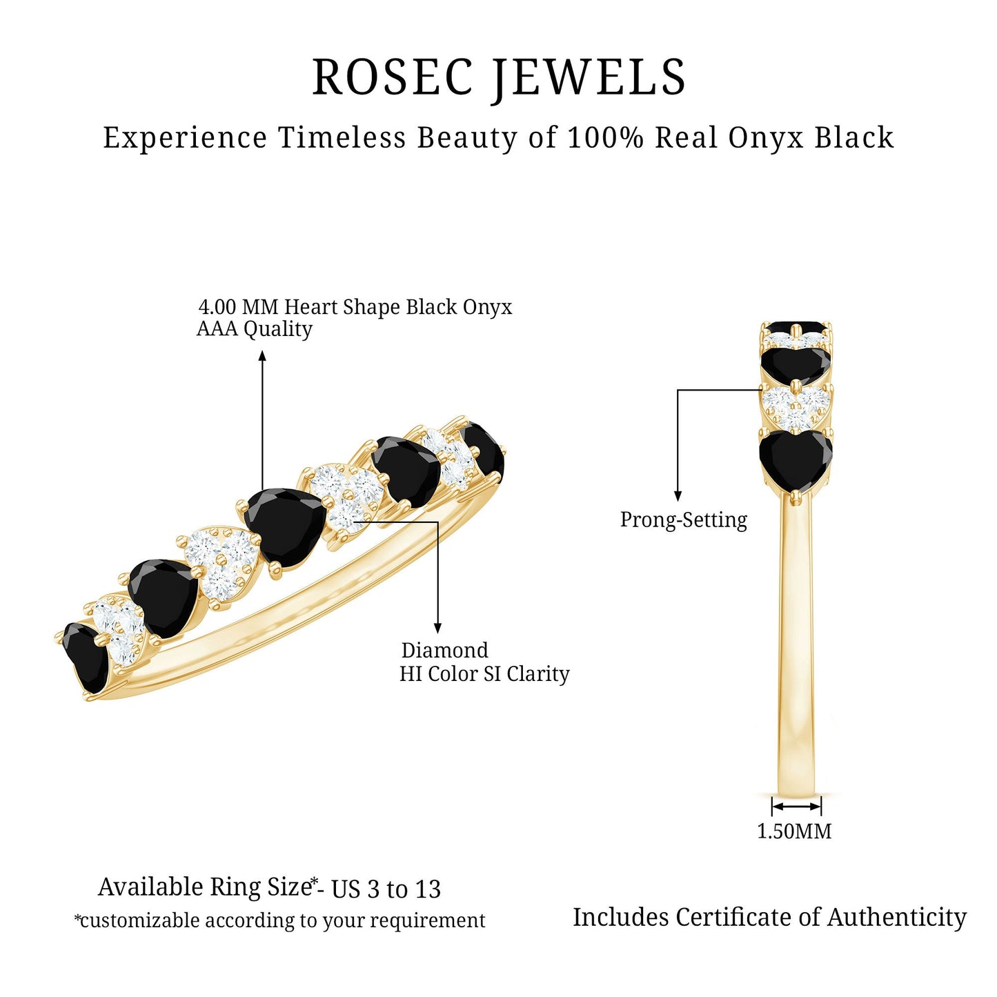 Heart Shaped Black Onyx and Diamond Half Eternity Ring