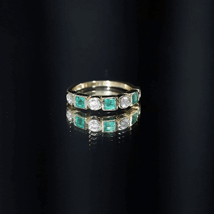 Real Emerald and Diamond Half Eternity Wedding Band in Bezel Set