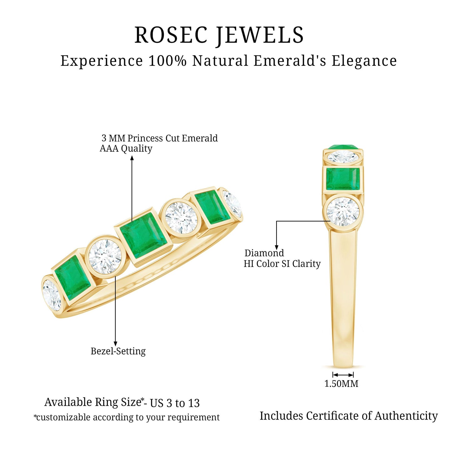 Real Emerald and Diamond Half Eternity Wedding Band in Bezel Set