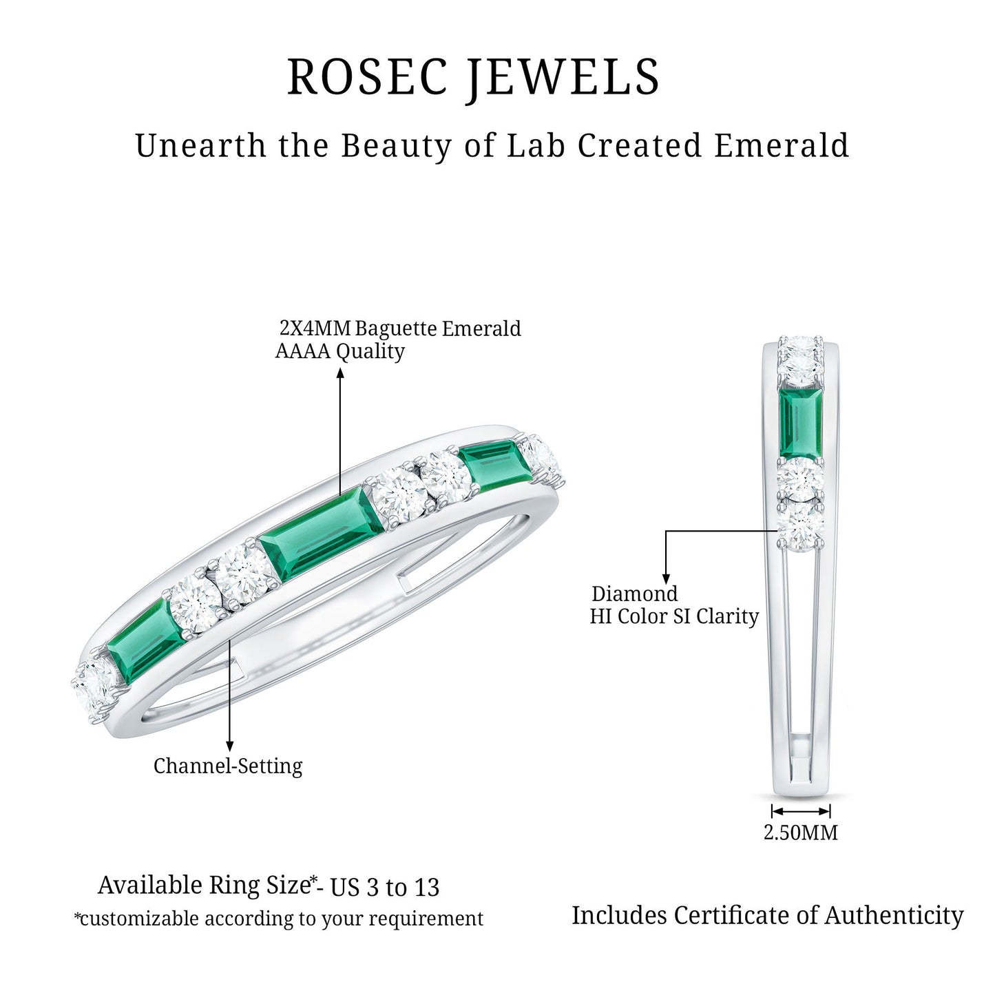Minimal Baguette Lab Grown Emerald Half Eternity Ring with Diamond
