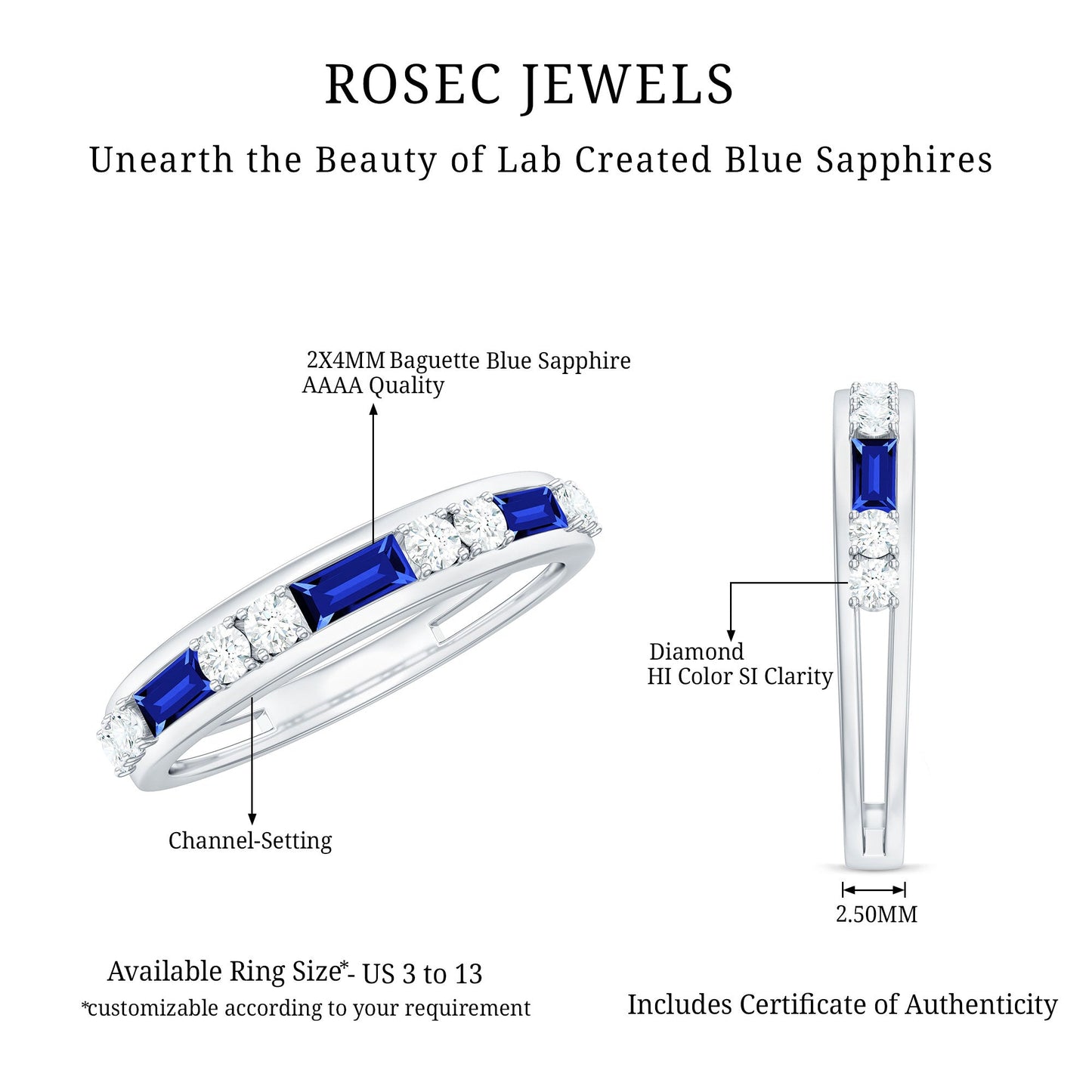 Certified Lab Grown Blue Sapphire Baguette Half Eternity Band with Diamond