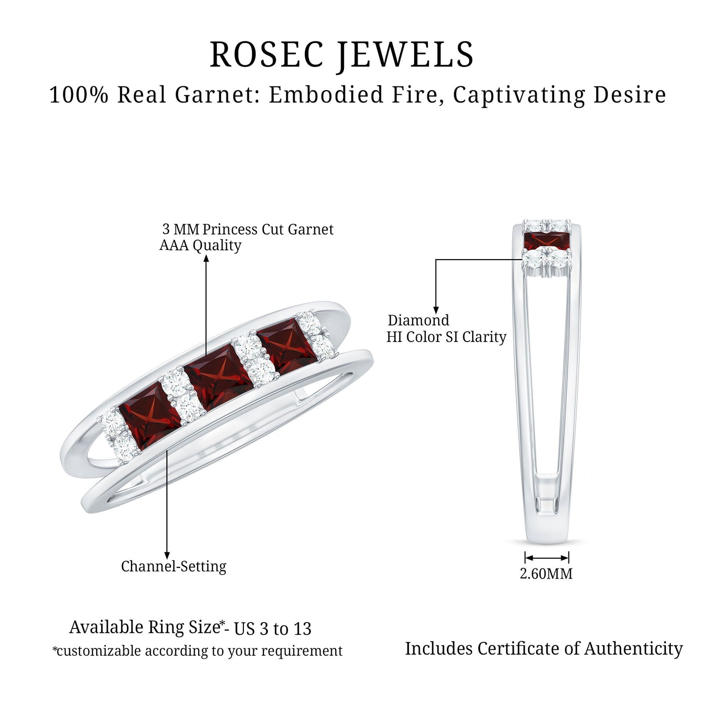 Natural Princess Cut Garnet Diamond Wedding Band
