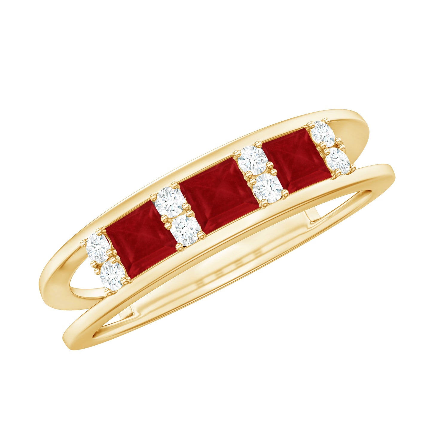 Natural Princess cut Ruby Double Band Ring with Diamond