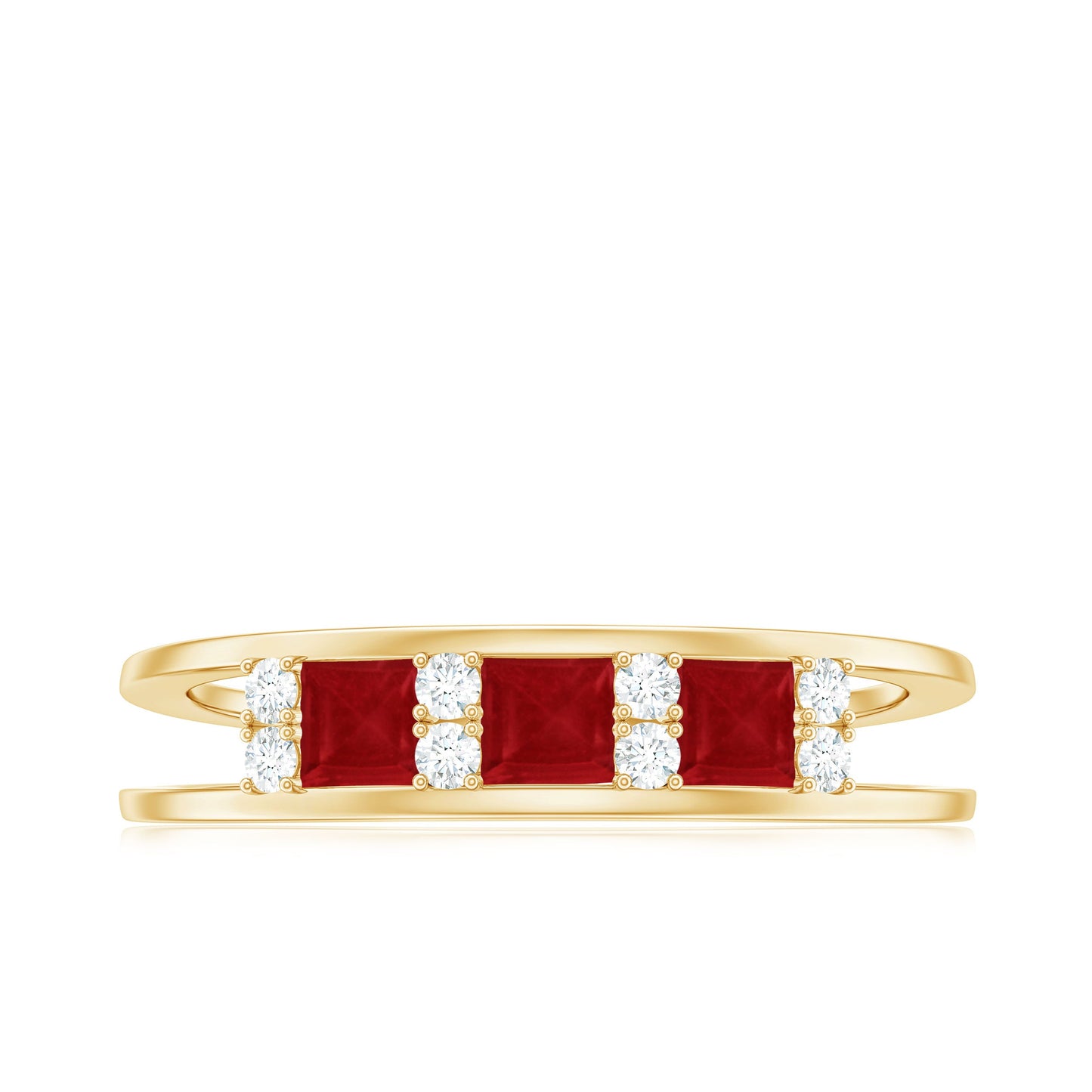 Natural Princess cut Ruby Double Band Ring with Diamond