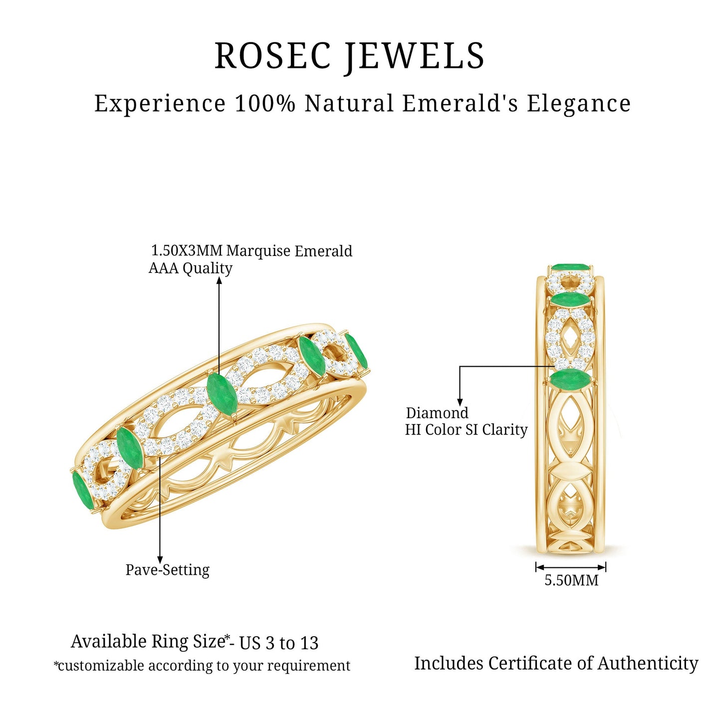 Genuine Emerald Diamond Eternity Wedding Band with Infinity Shank