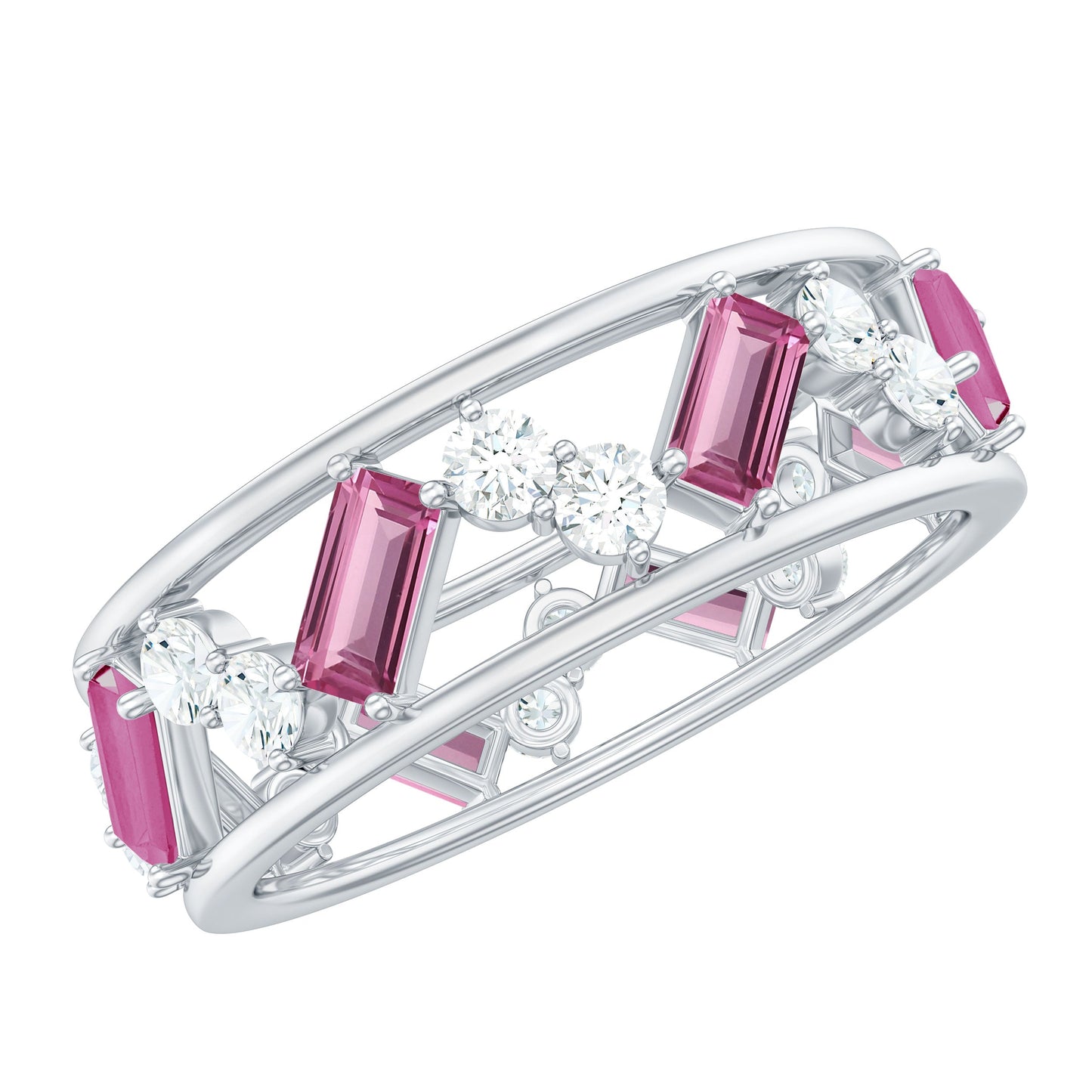 Certified Pink Tourmaline and Diamond Zig Zag Eternity Band