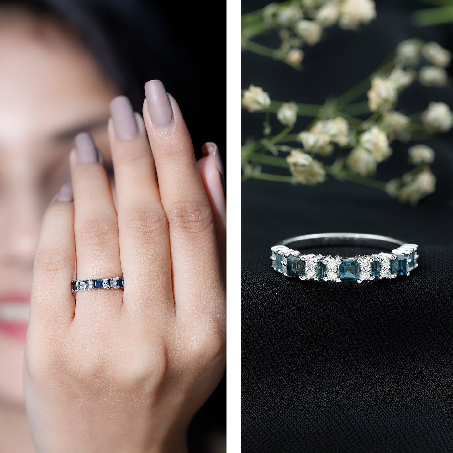 Baguette and Princess Cut London Blue Topaz Half Eternity Ring with Moissanite