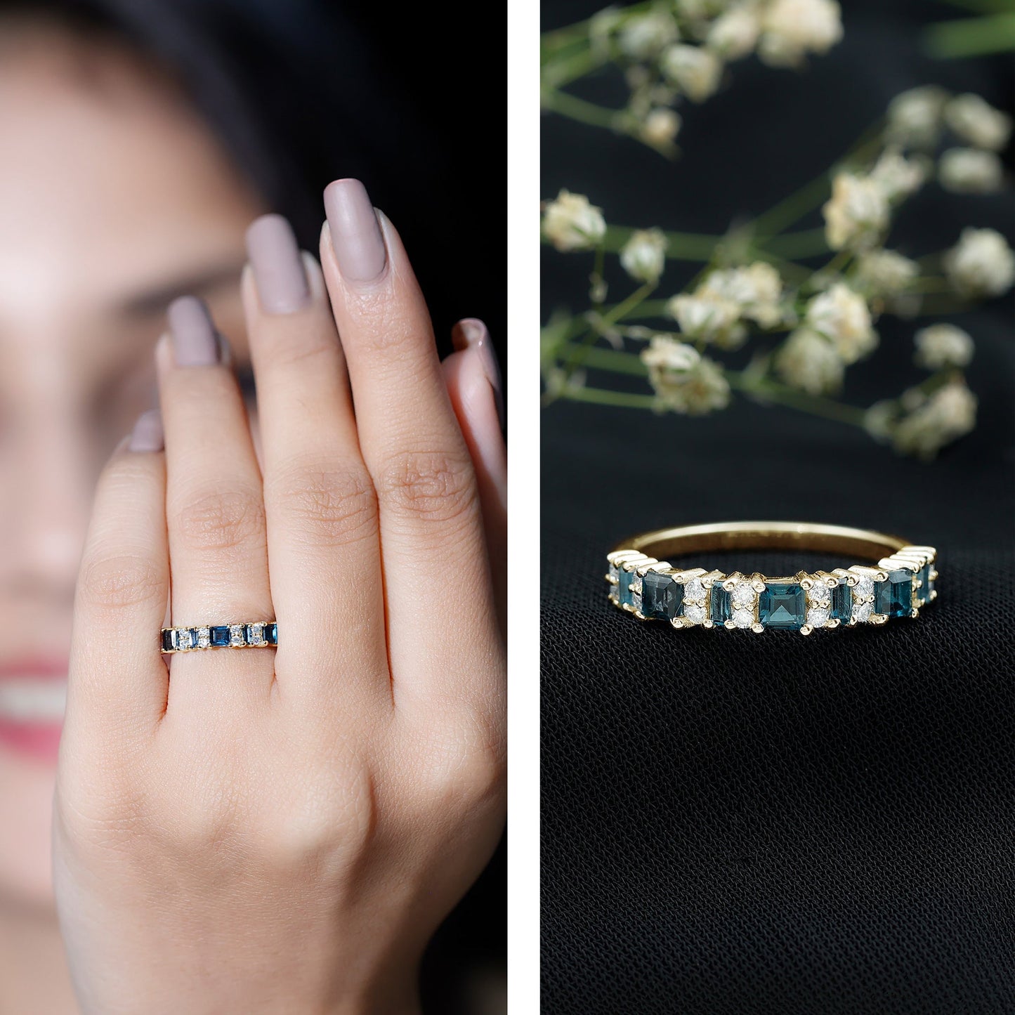 Baguette and Princess Cut London Blue Topaz Half Eternity Ring with Moissanite