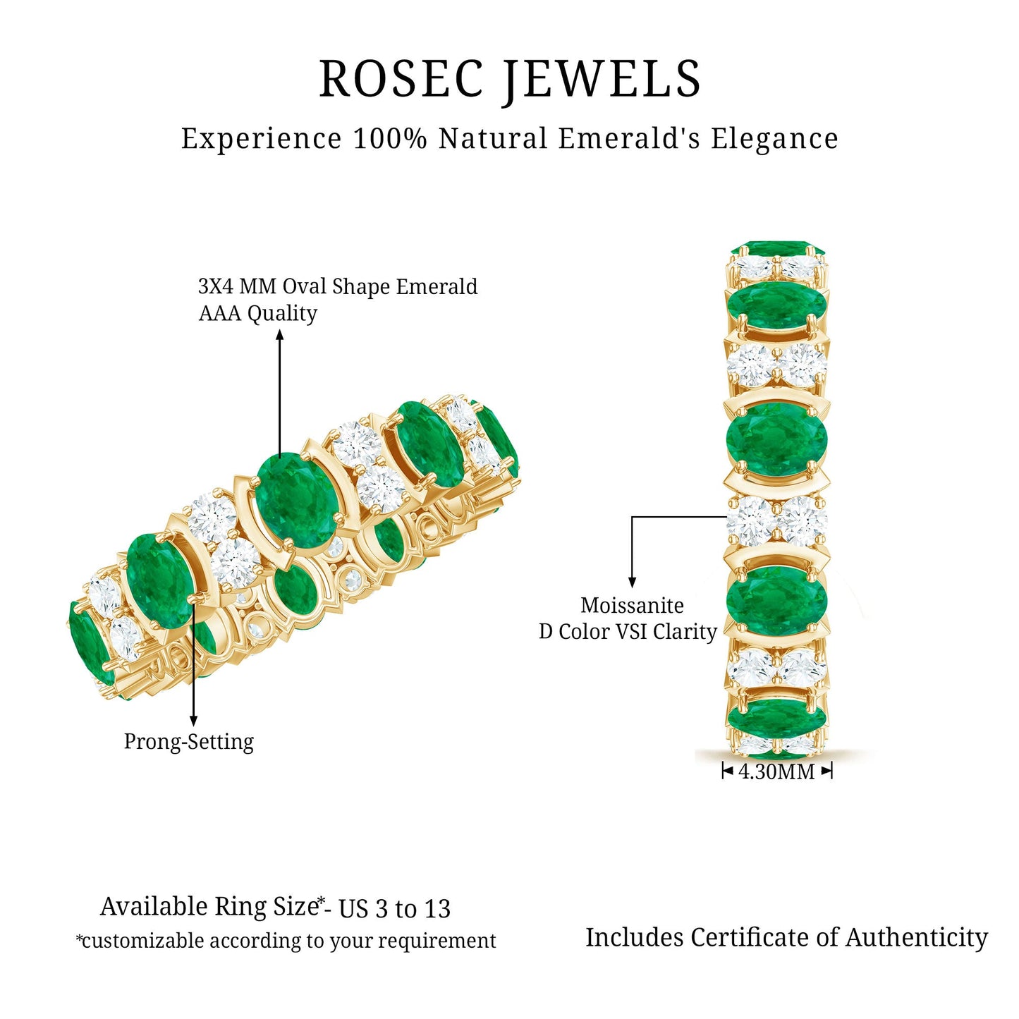 Oval Emerald and Moissanite Eternity Wedding Band