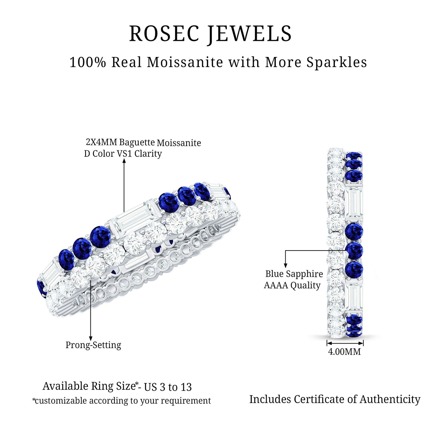 Certified Moissanite Eternity Band Ring with Lab Blue Sapphire