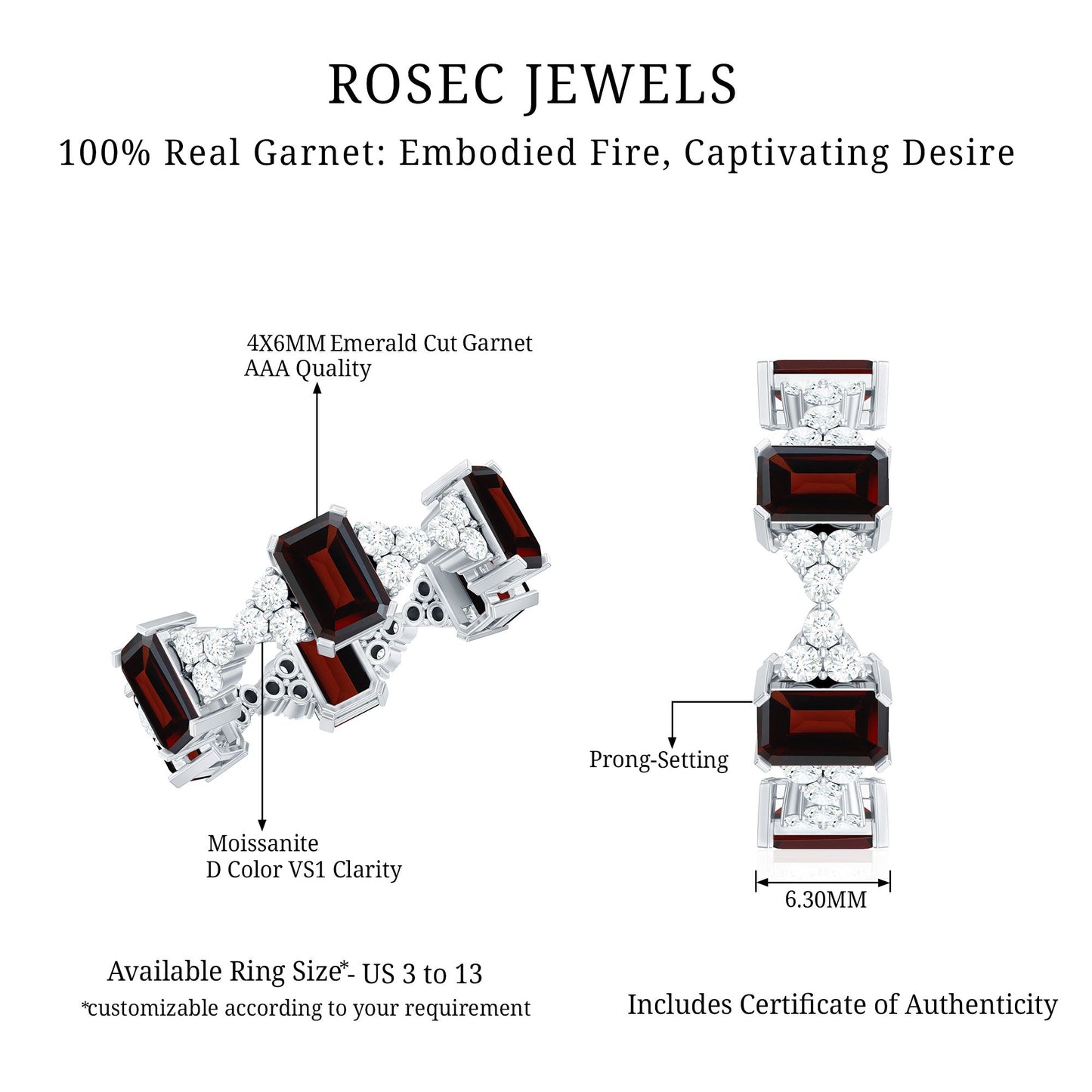 Art Deco Emerald Cut Garnet Eternity Band Ring with Moissanite