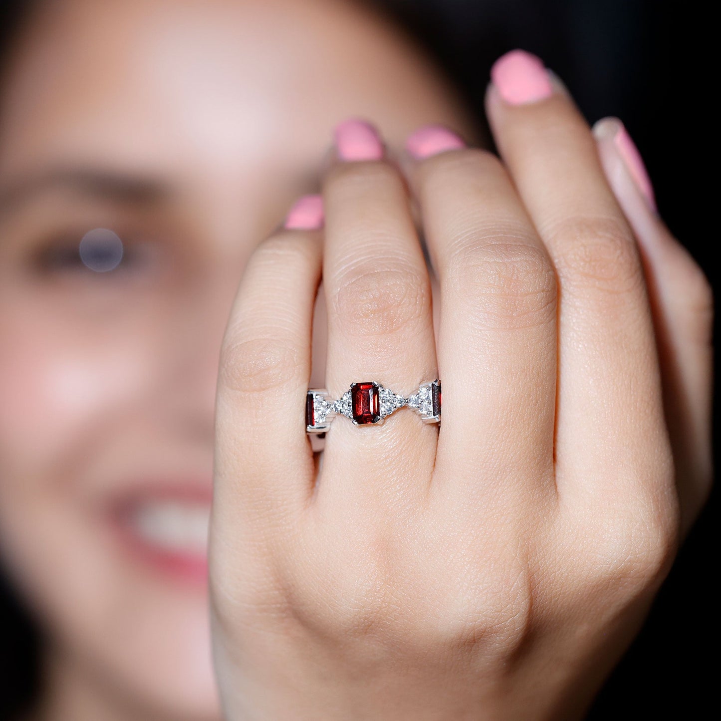 Art Deco Emerald Cut Garnet Eternity Band Ring with Moissanite