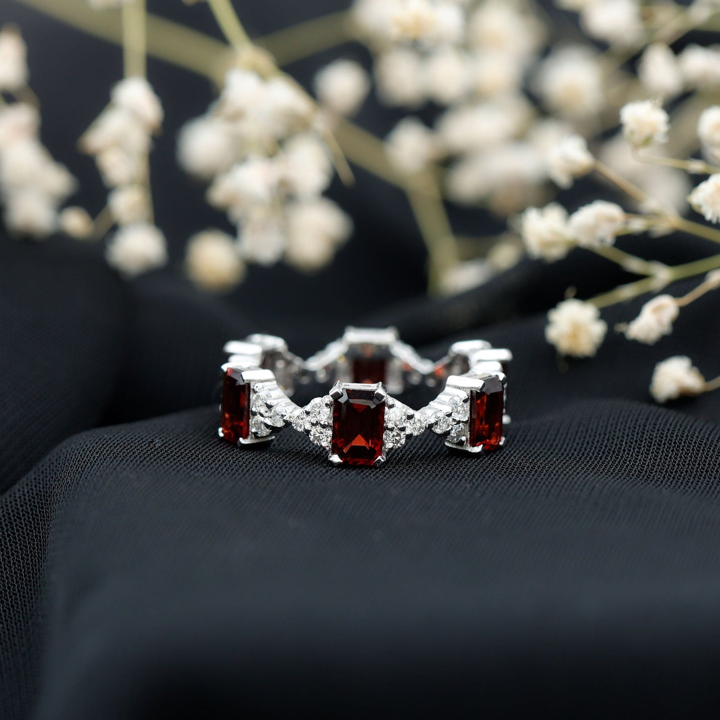 Art Deco Emerald Cut Garnet Eternity Band Ring with Moissanite