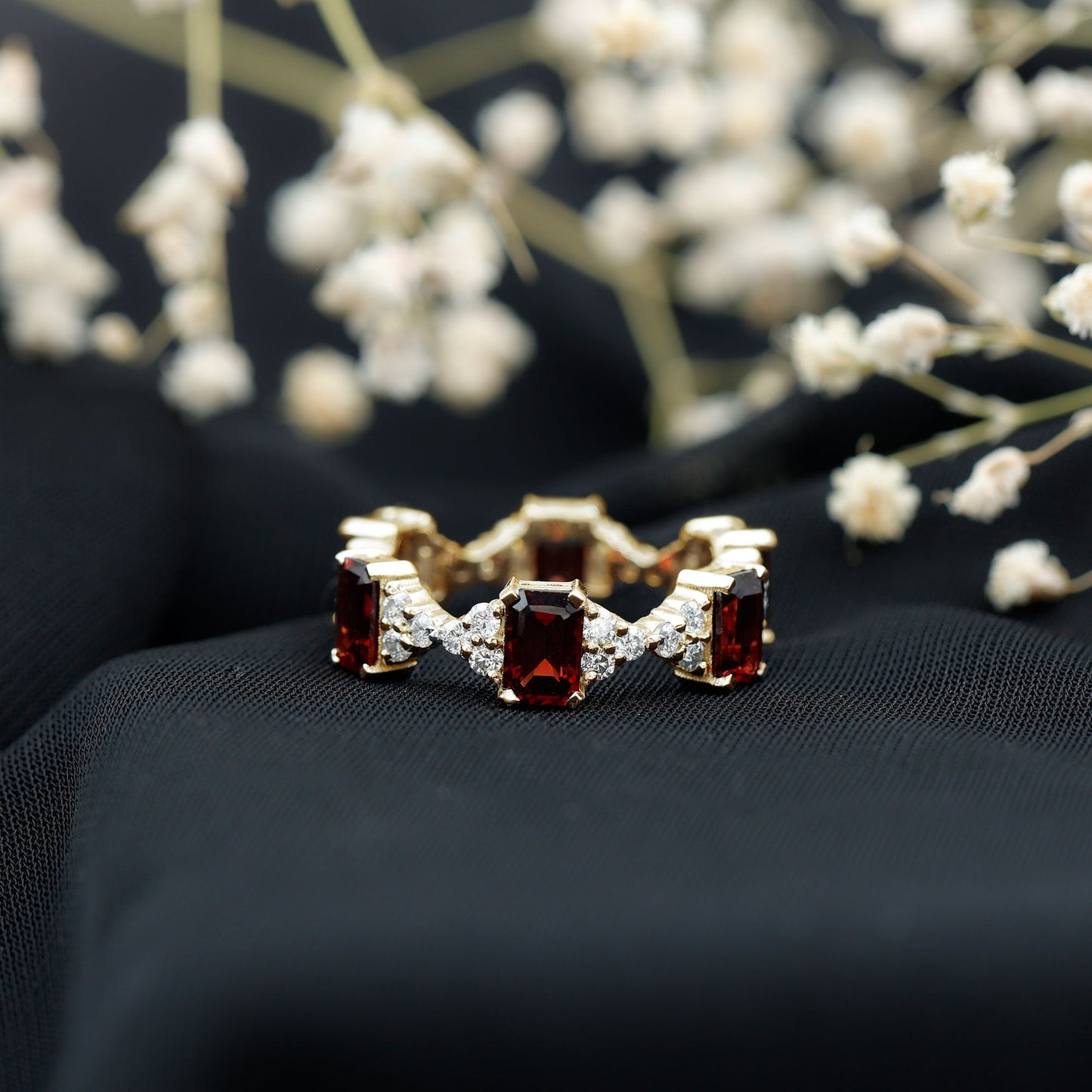 Art Deco Emerald Cut Garnet Eternity Band Ring with Moissanite