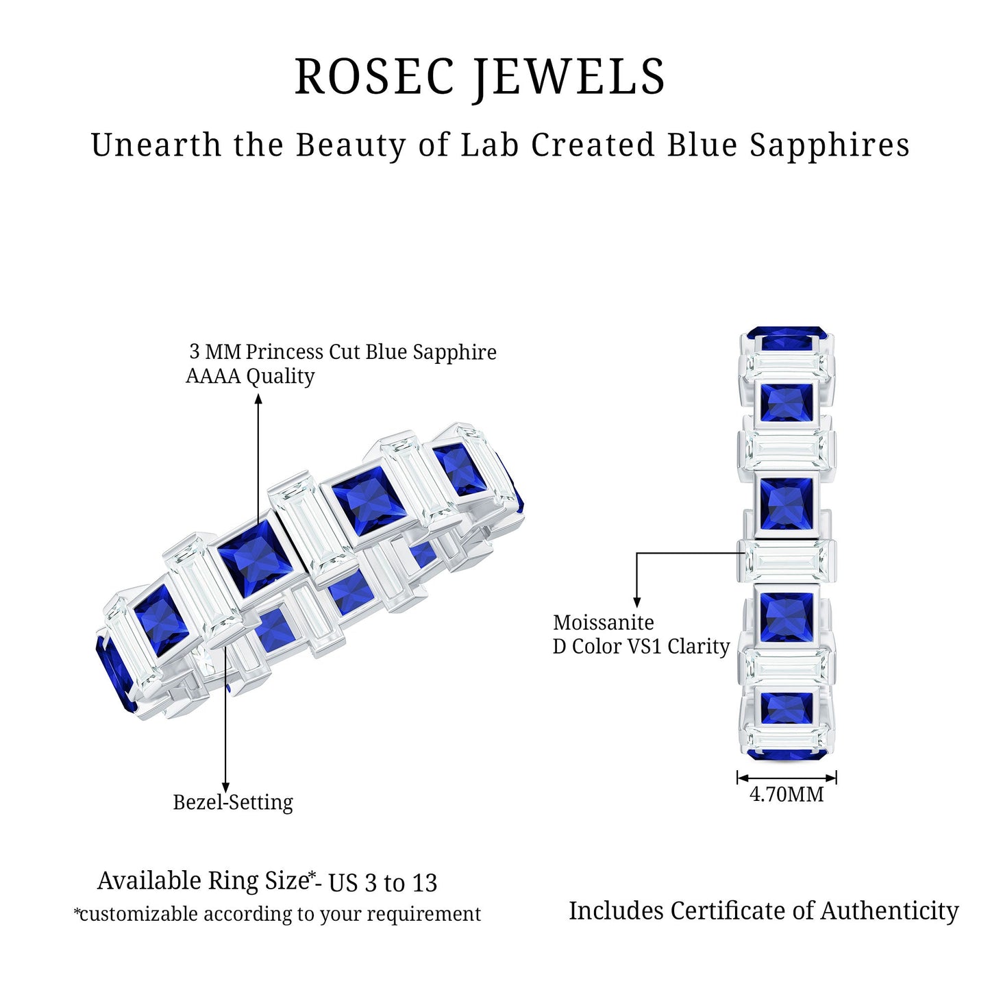 Certified Lab Grown Blue Sapphire Eternity Band with Moissanite