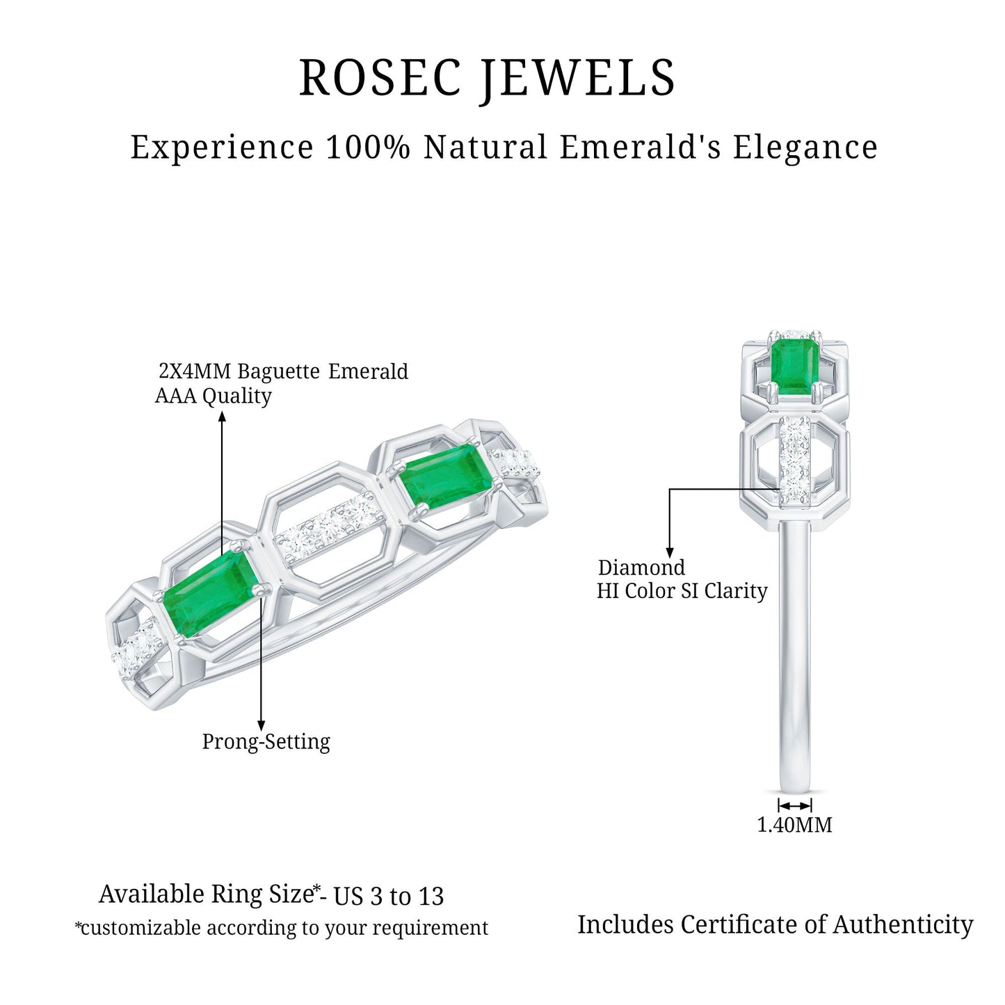 Natural Baguette Emerald Diamond Anniversary Band Ring in East West Style