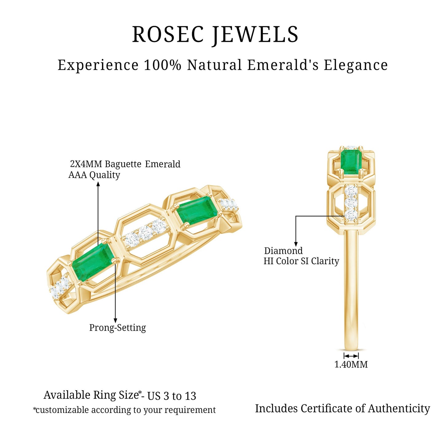Natural Baguette Emerald Diamond Anniversary Band Ring in East West Style