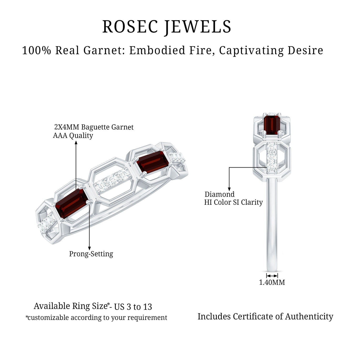 Genuine Baguette Garnet Diamond Wedding Band Ring