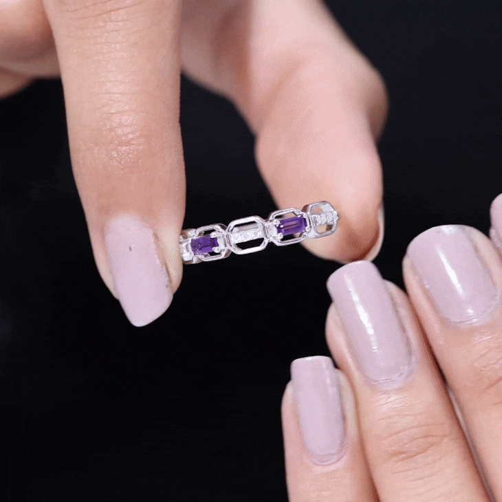 Natural Baguette Amethyst Half Eternity Wedding Band with Diamond