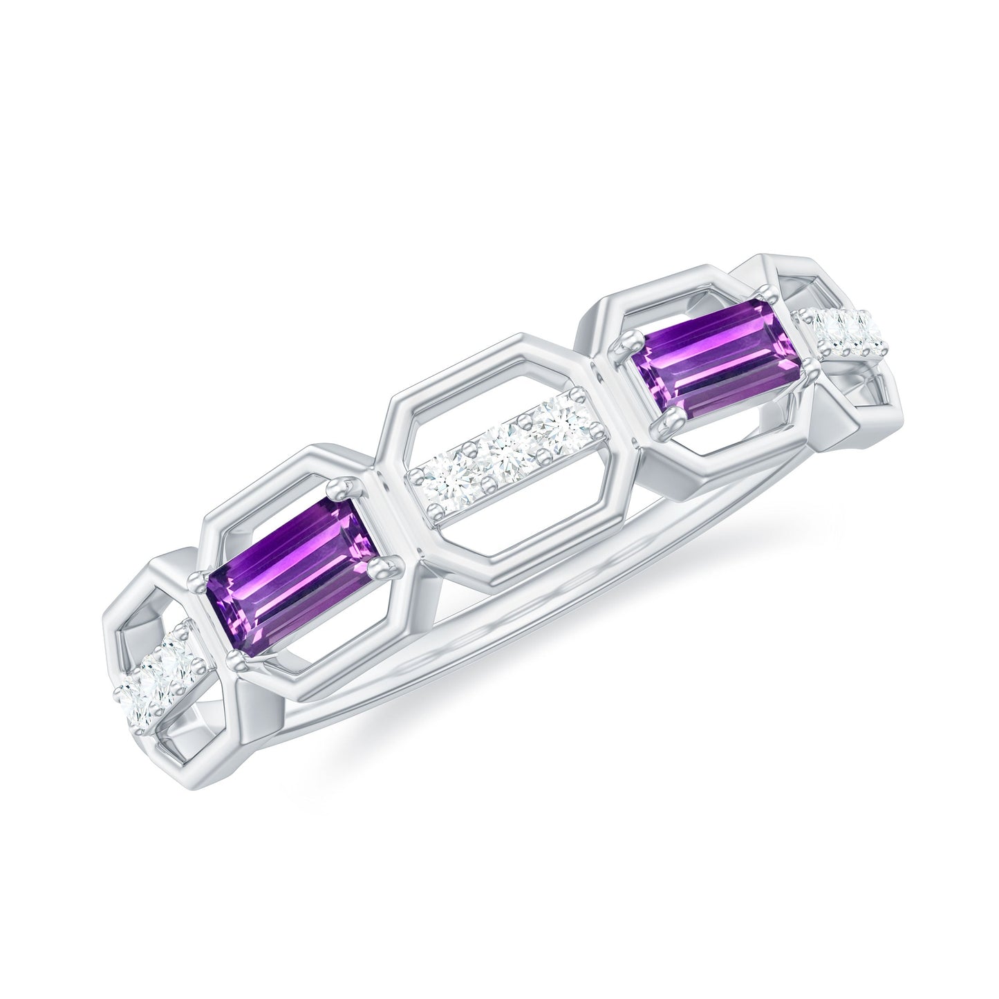Natural Baguette Amethyst Half Eternity Wedding Band with Diamond