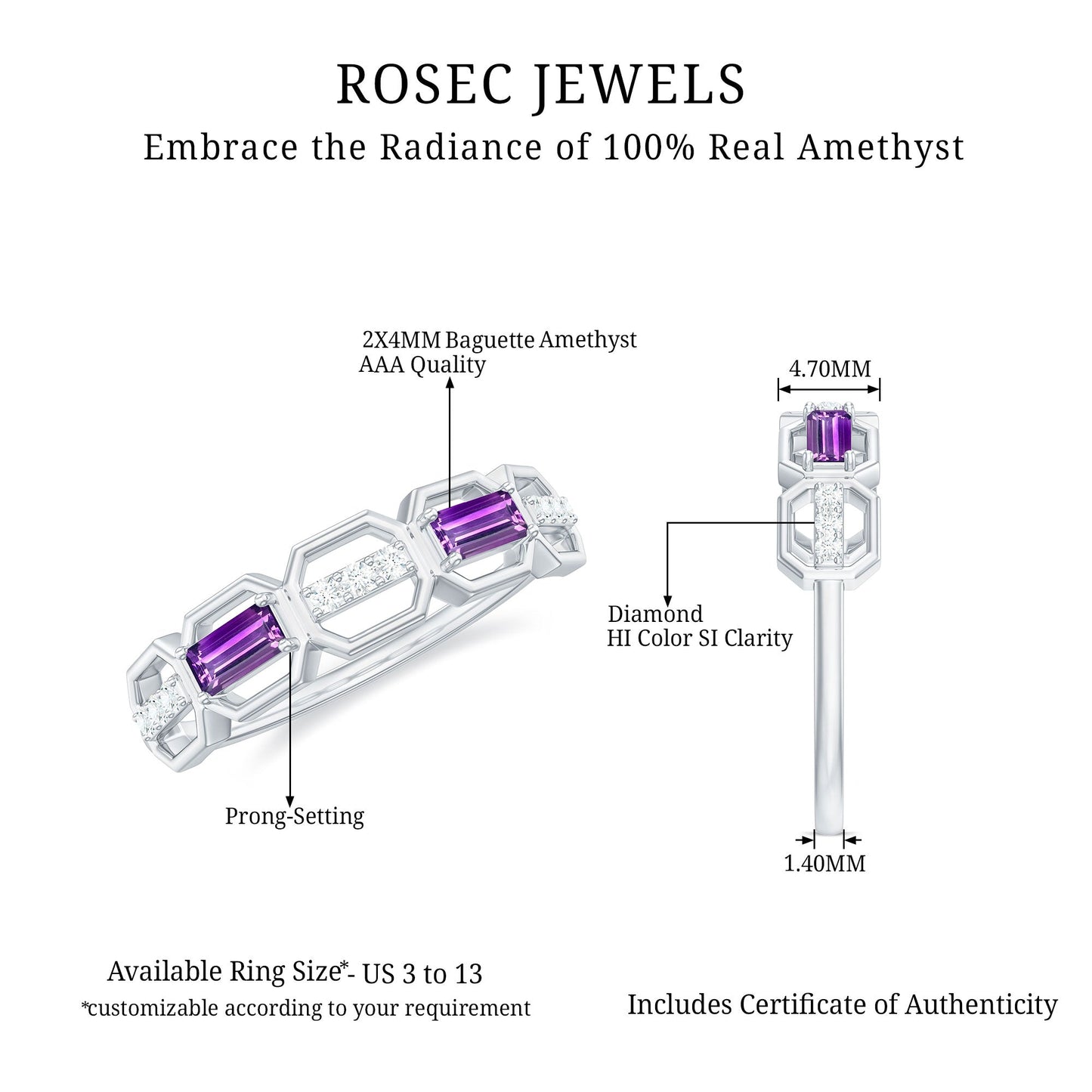 Natural Baguette Amethyst Half Eternity Wedding Band with Diamond