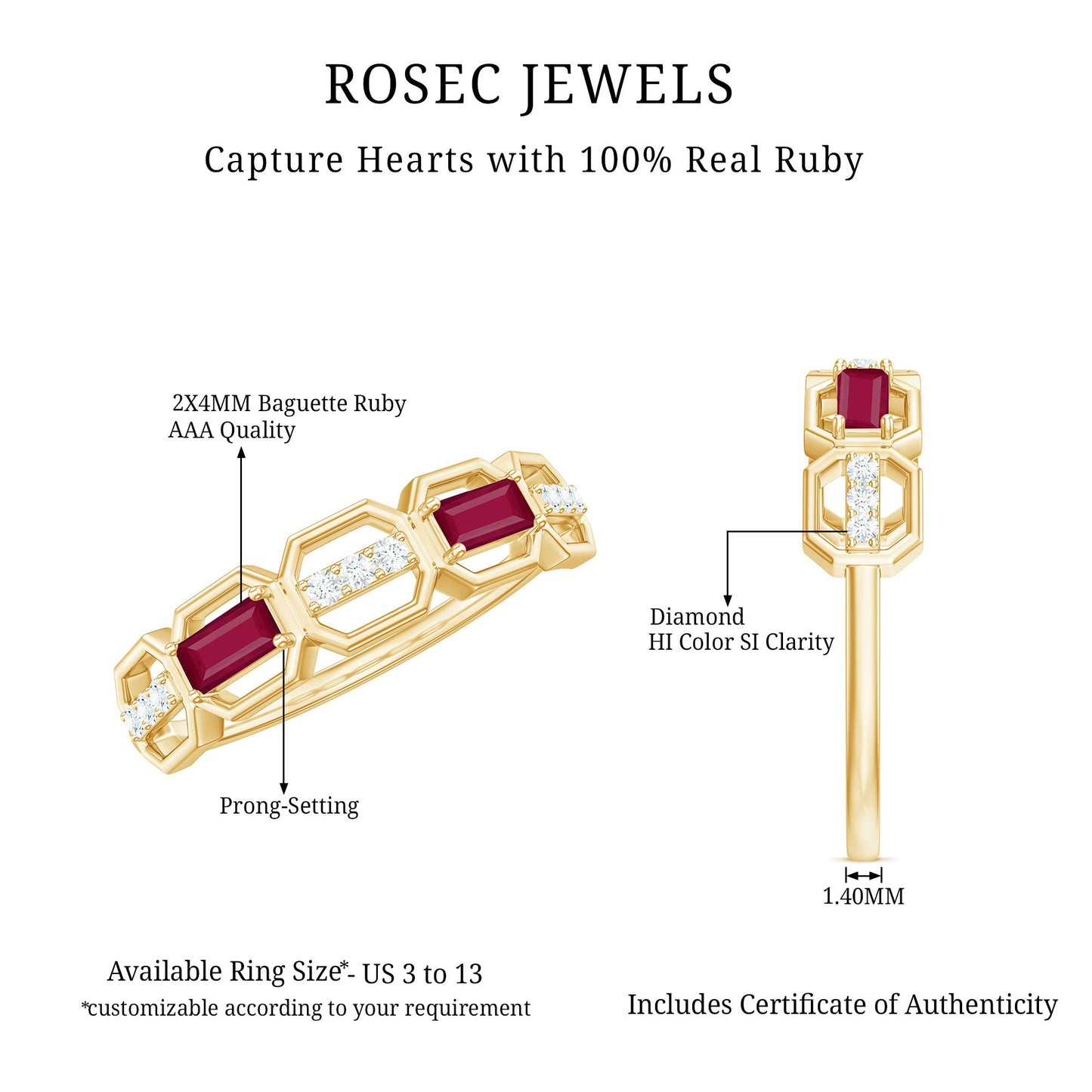 Natural Baguette Ruby Band Ring with Diamond