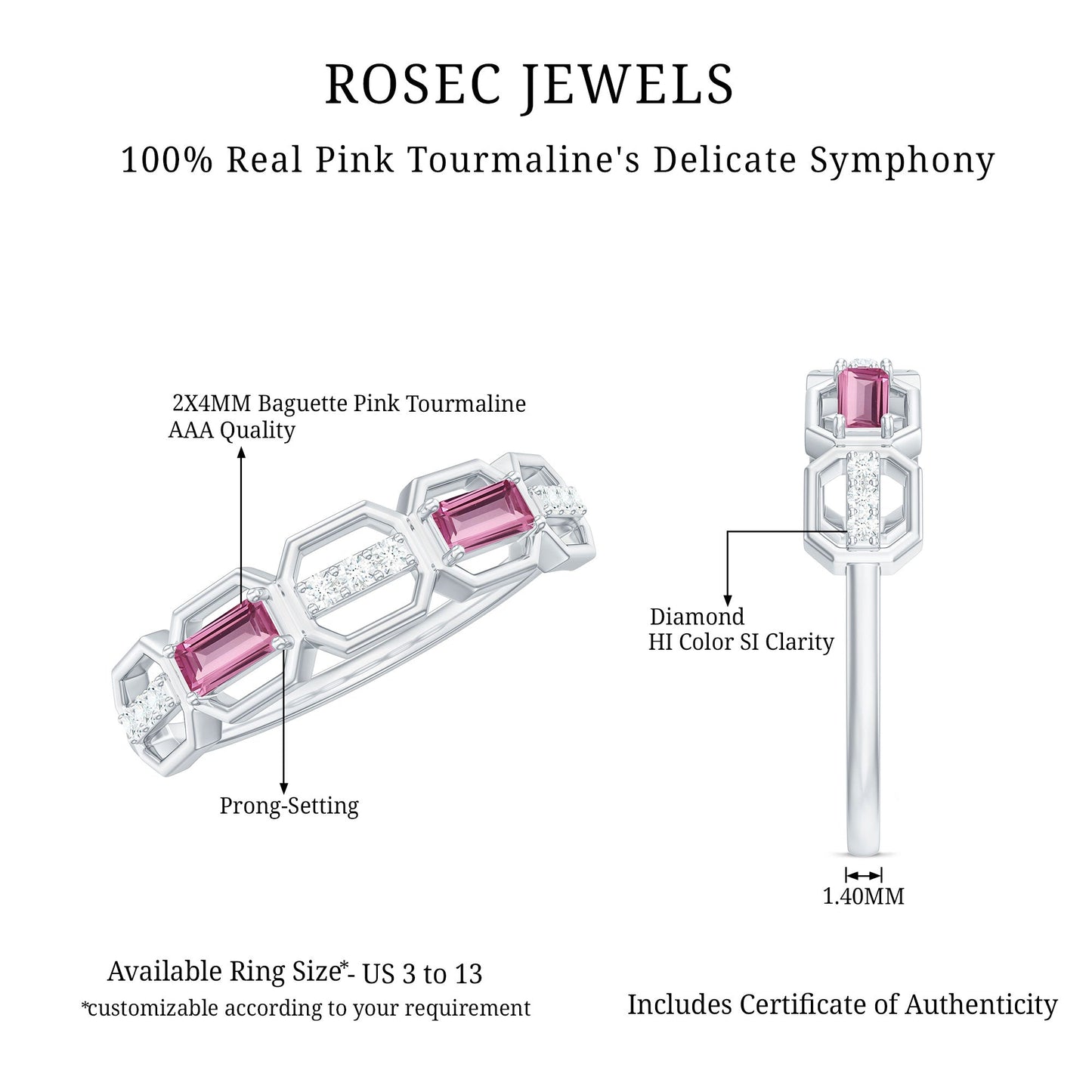 Pink Tourmaline and Diamond Geometric Half Eternity Ring