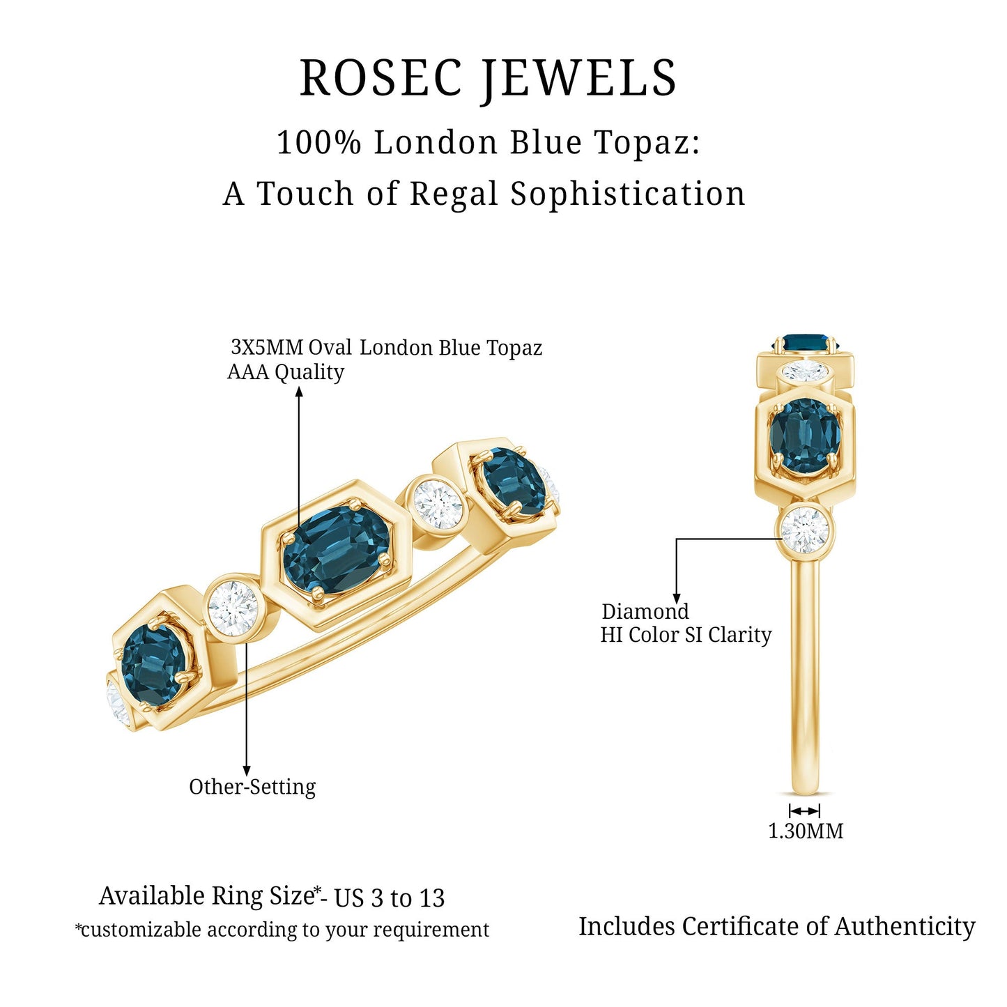 Real Certified London Blue Topaz Halft Eternity Band Ring with Diamond