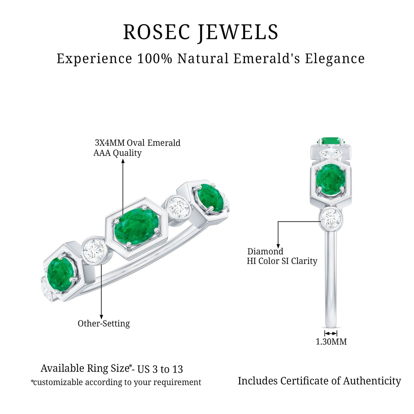 Classic Oval Emerald Diamond Half Eternity Band Ring in East West Style