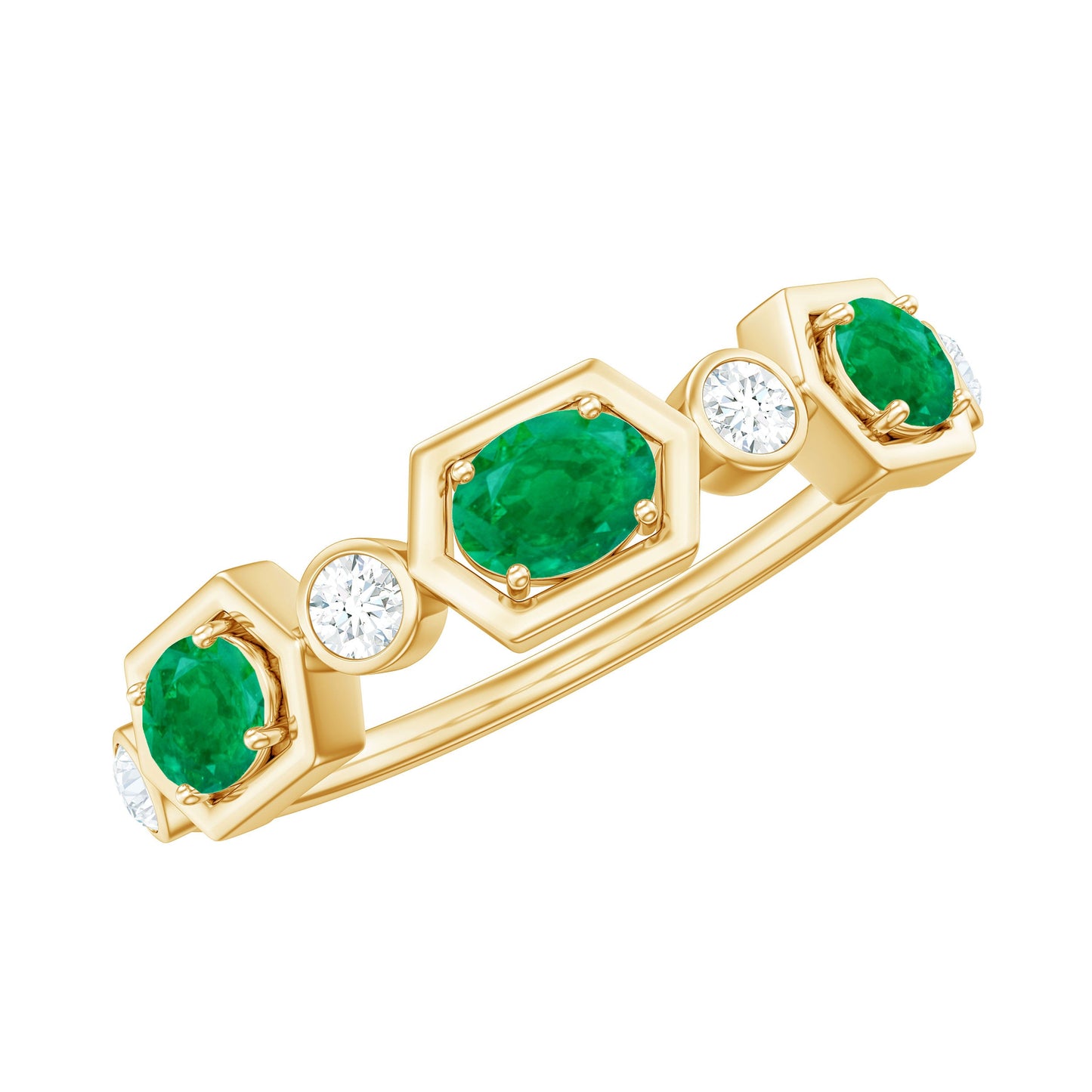 Classic Oval Emerald Diamond Half Eternity Band Ring in East West Style