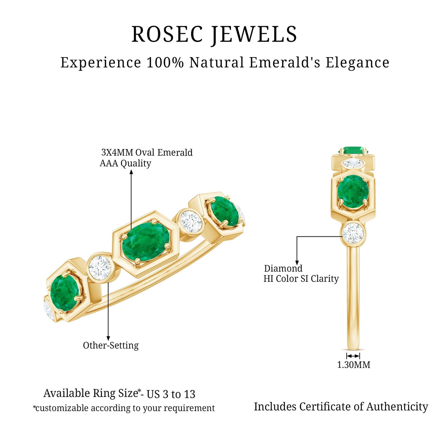 Classic Oval Emerald Diamond Half Eternity Band Ring in East West Style
