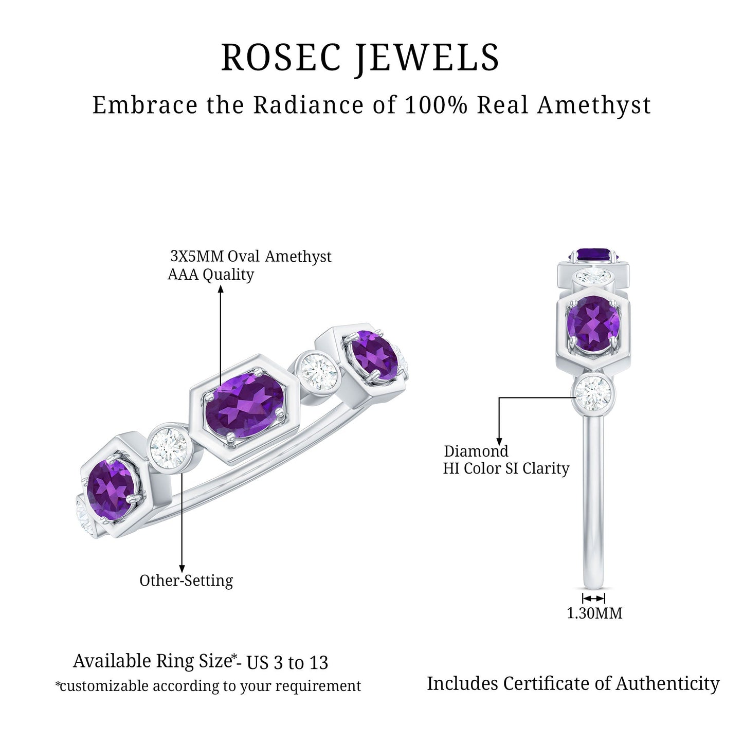 East West Style Amethyst Half Eternity Ring with Diamond