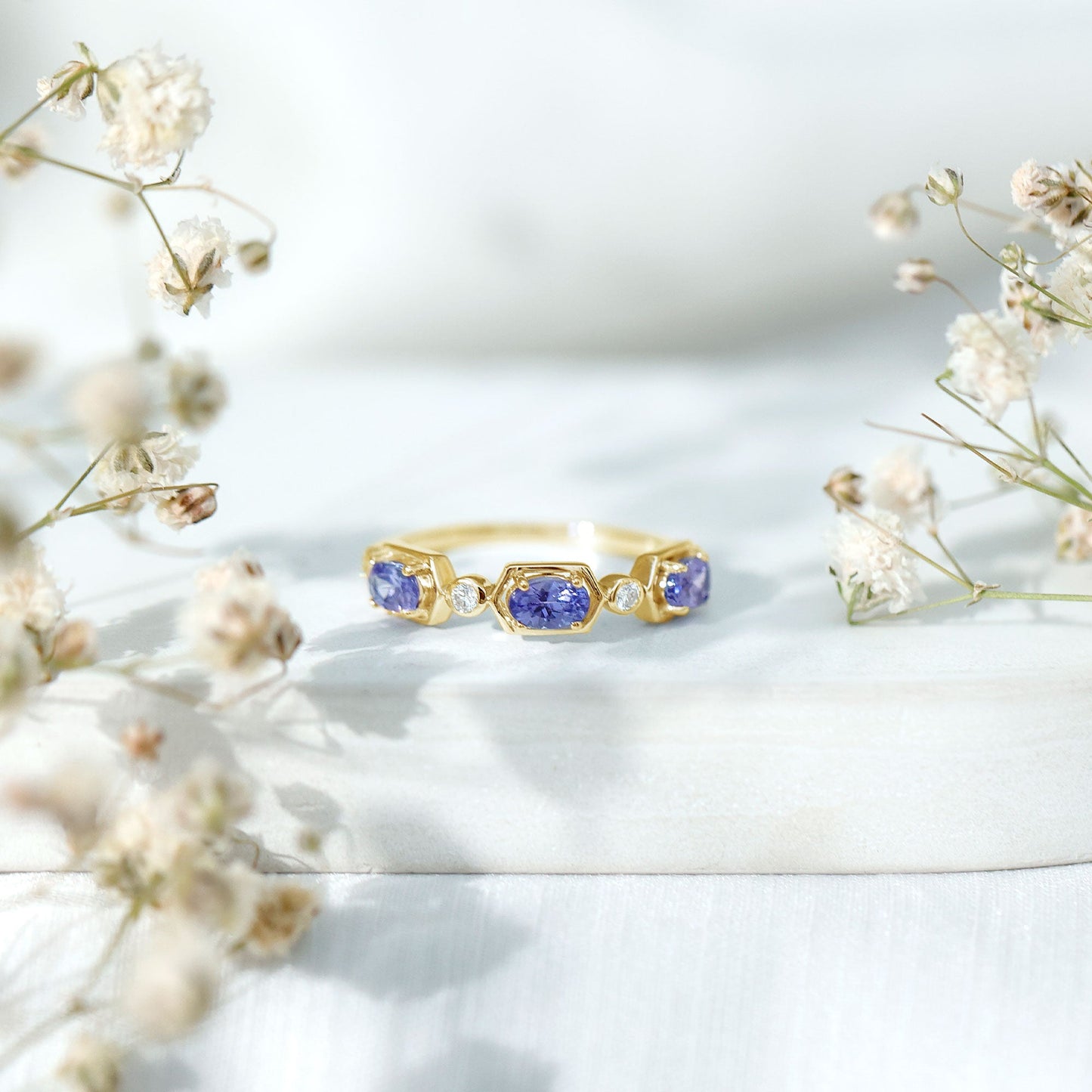 Real Tanzanite and Diamond Half Eternity Ring