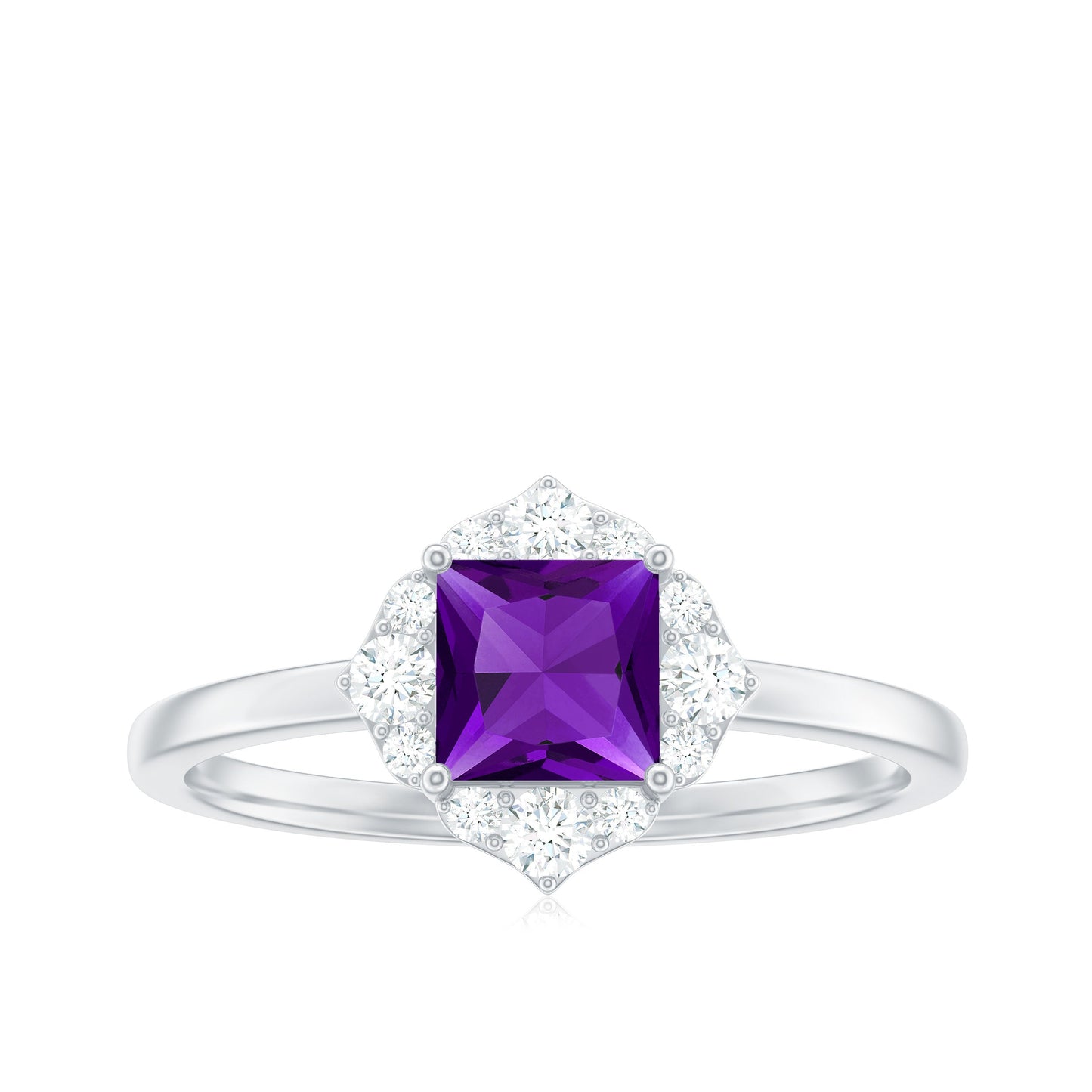 Natural 1.2 Carat Princess Cut Amethyst Flower Engagement Ring with Diamond