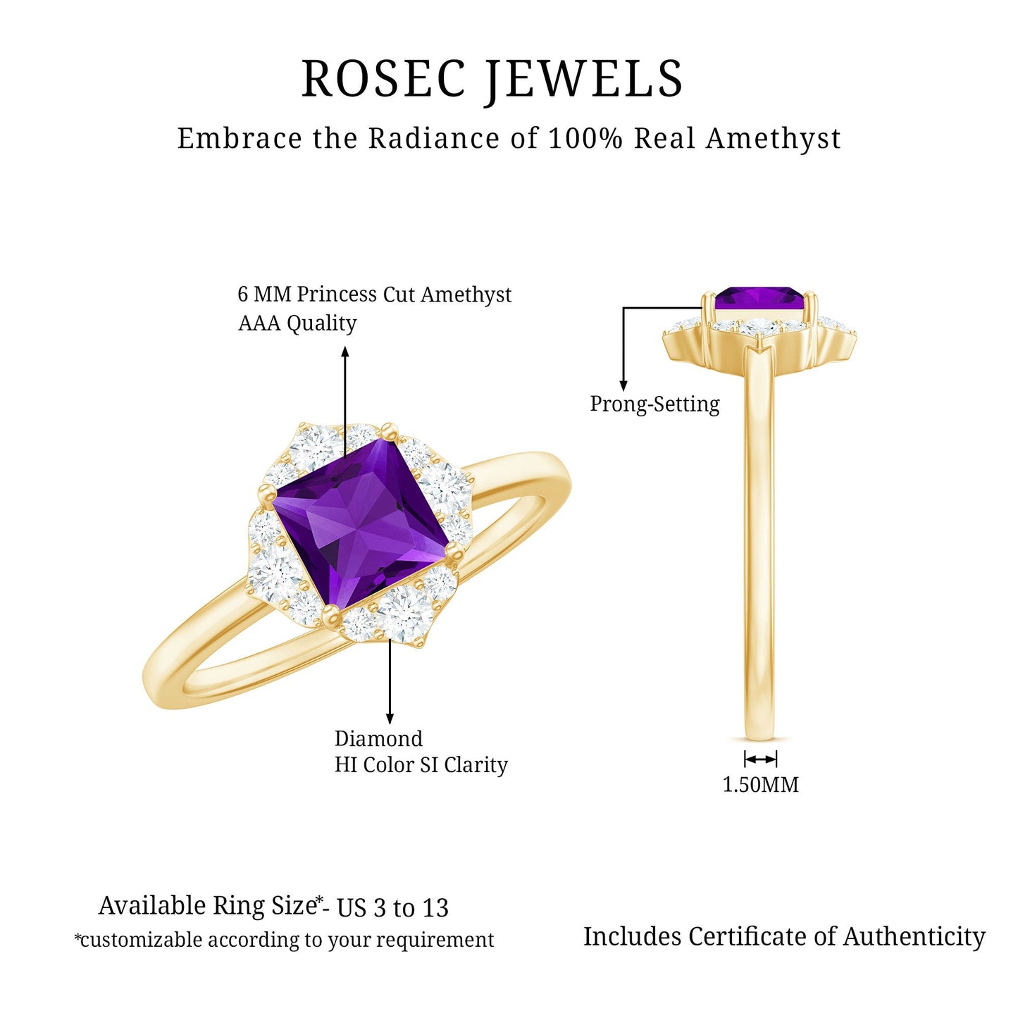 Natural 1.2 Carat Princess Cut Amethyst Flower Engagement Ring with Diamond