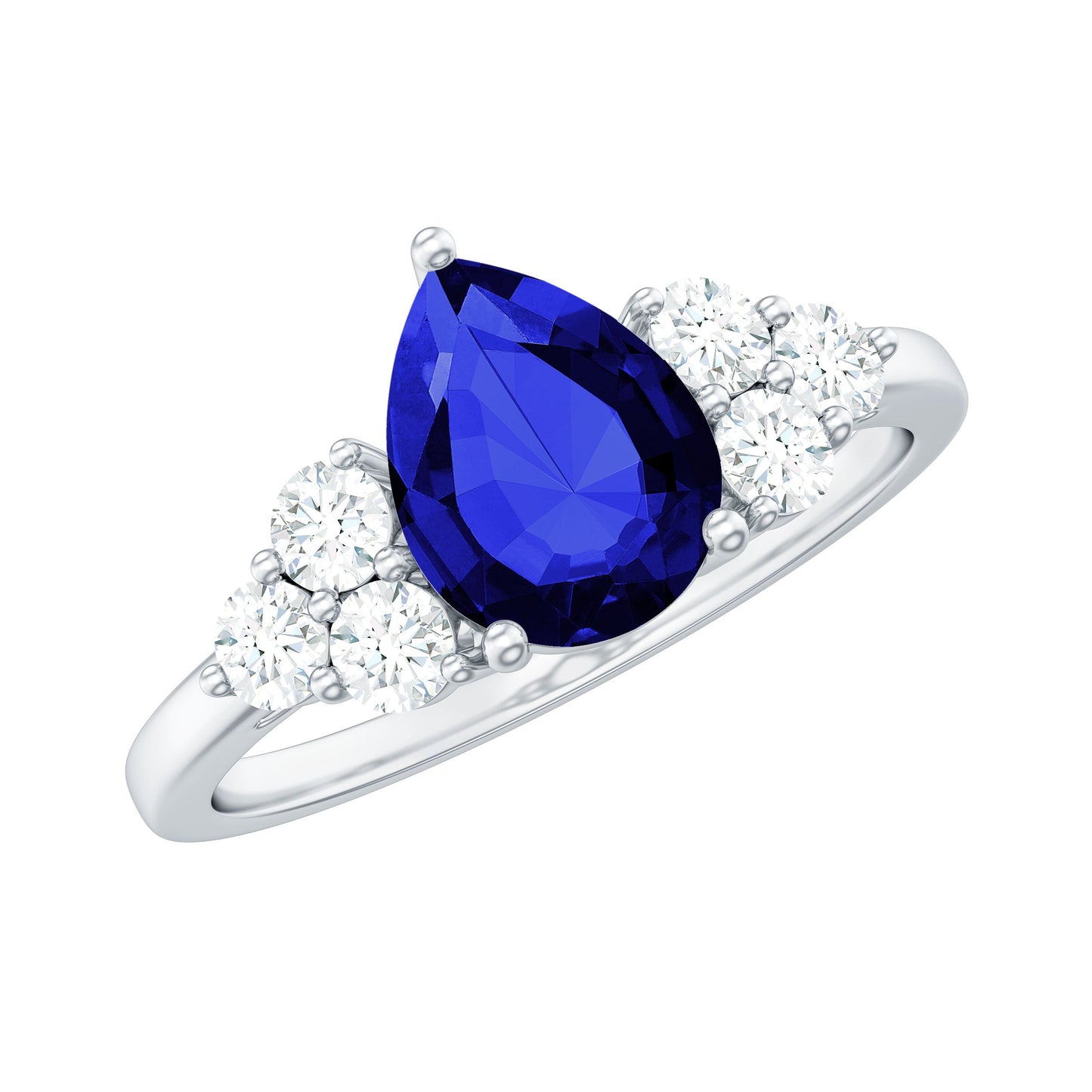 Certified 1.6 Carat Lab Grown Blue Sapphire Pear Engagement Ring with Diamond Trio