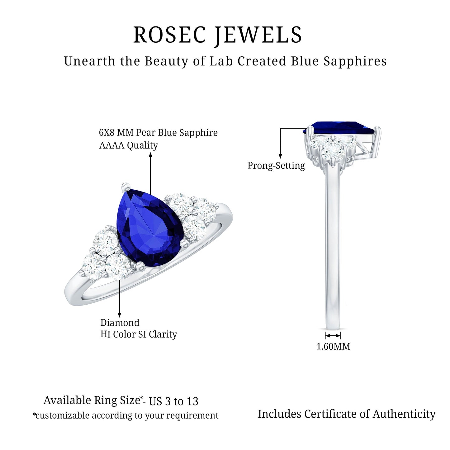 Certified 1.6 Carat Lab Grown Blue Sapphire Pear Engagement Ring with Diamond Trio