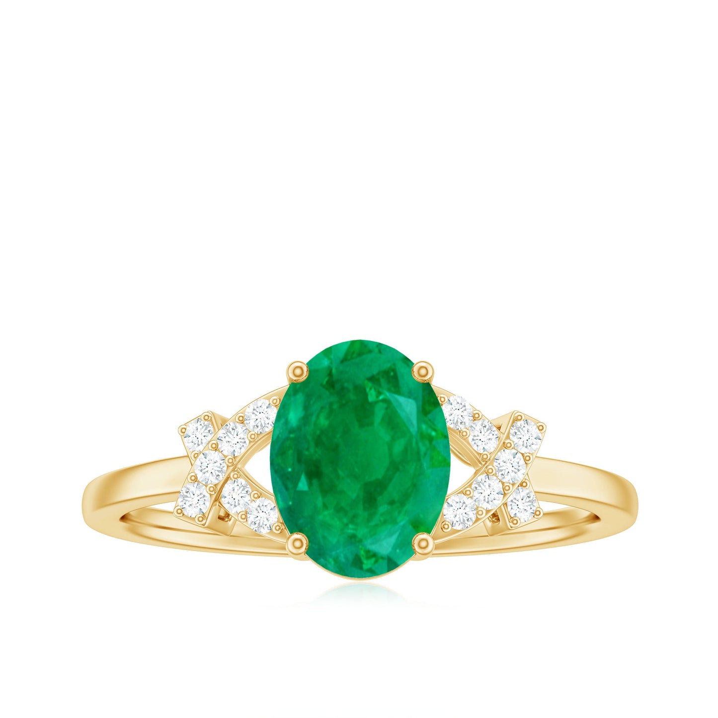 Real Solitaire Emerald Oval Engagement Ring with Diamond Split Shank