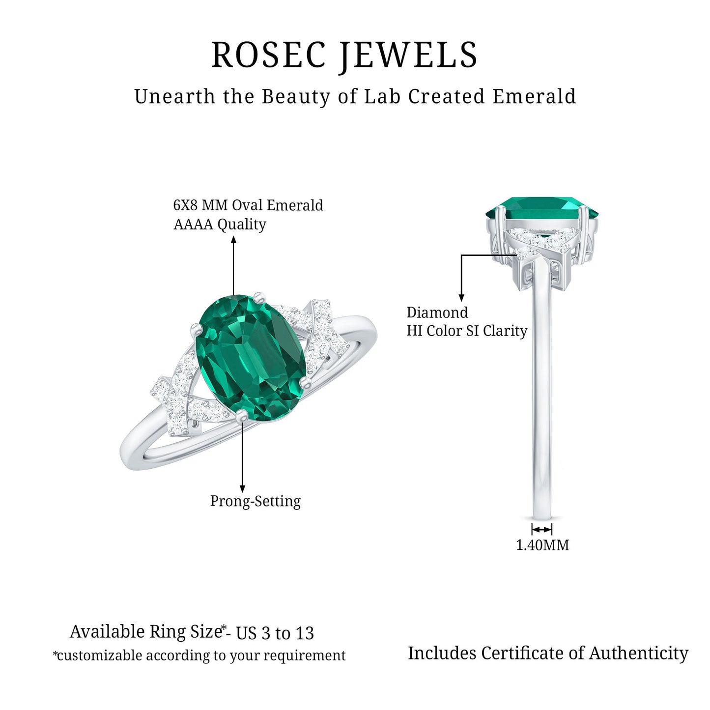 Certified 1.2 Carat Lab Grown Emerald Oval Engagement Ring with Diamond